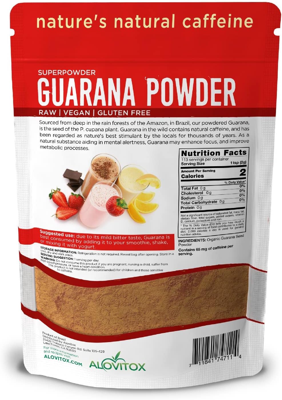 Guarana Seed Powder Extract: USDA Organic, 65mg Caffeine/Serving | Raw, Vegan, Non-GMO, Gluten-Free Superfood, Boosts Energy Naturally