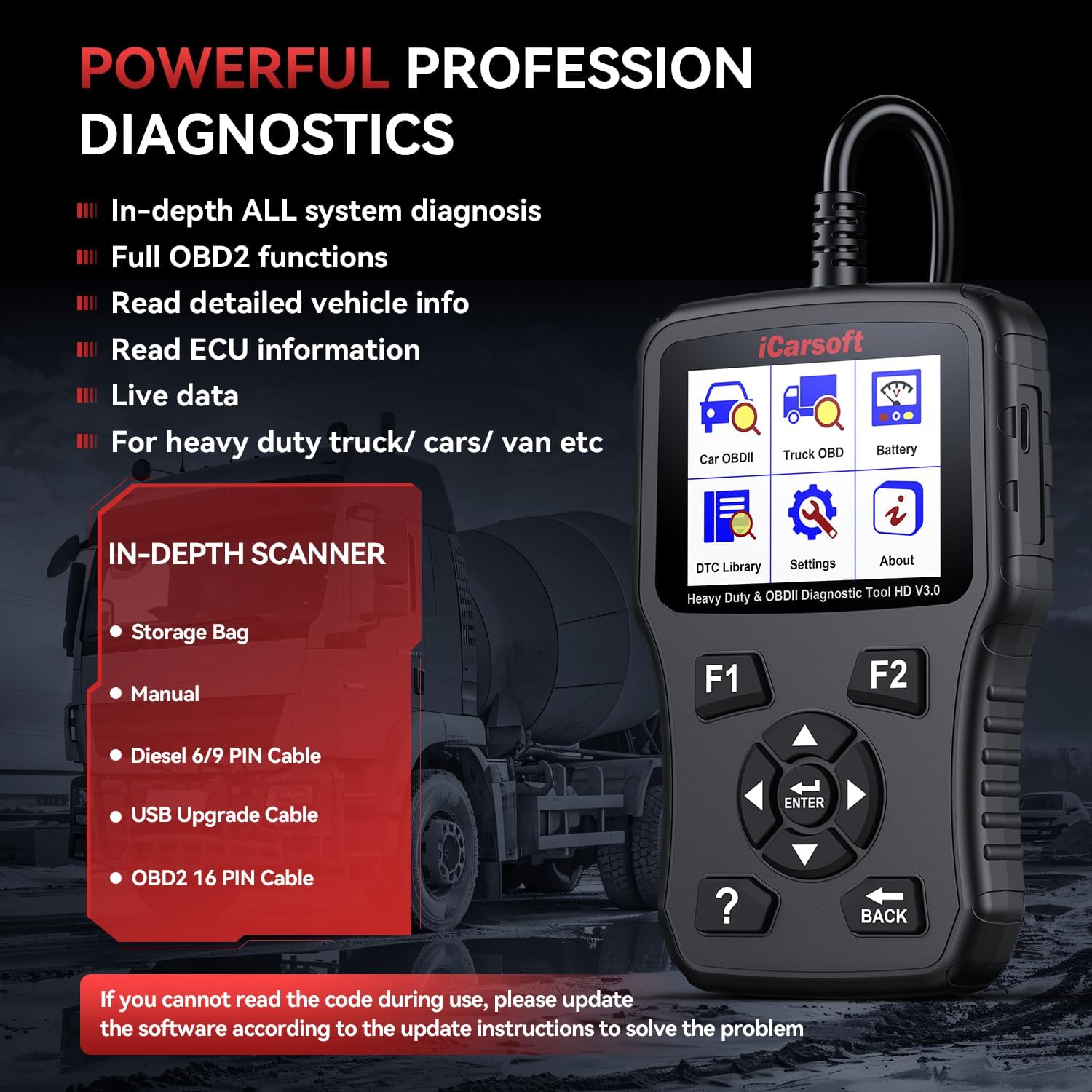 iCarsoft HD V3.0 Heavy Duty Truck Scanner Car OBD2 and Diesel All System 2-in-1 Diagnostic Scan Tool Lifetime Free Update Code Reader for Freightliner Paccar International Mack Hino Isuzu Cummins