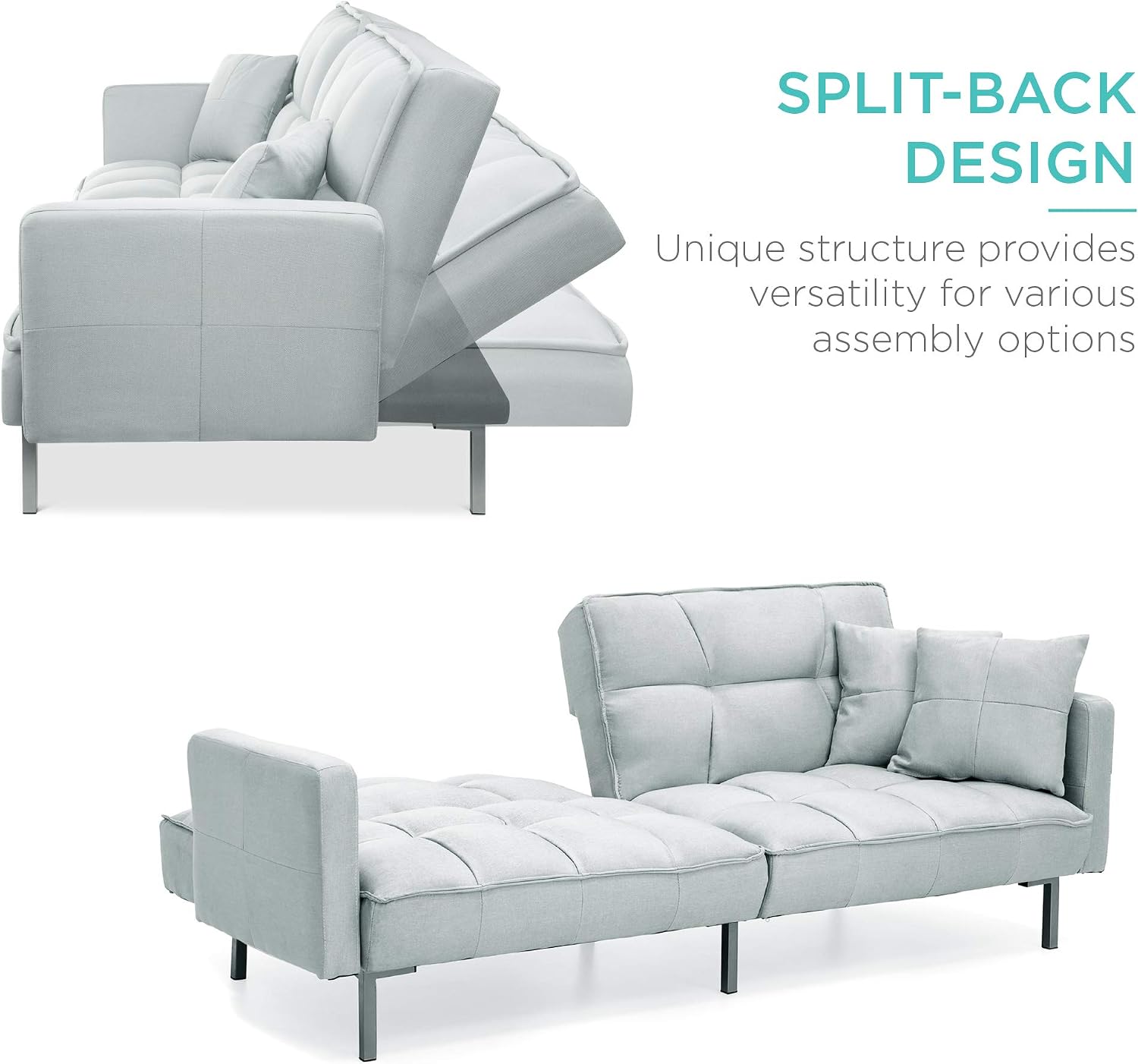 Best Choice Products Convertible Linen Fabric Tufted Split-Back Plush Futon Sofa Furniture for Living Room, Apartment, Bonus Room