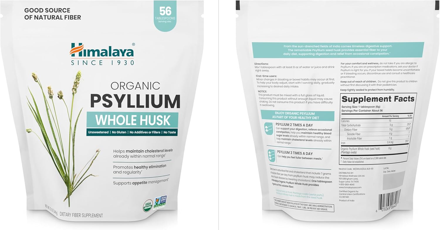 Himalaya USDA Organic Psyllium Whole Husk Powder, Natural Daily Fiber Supplement, Regularity, Appetite Management, Non-GMO, 56-Tablespoon Supply, Unflavored, 12 Oz