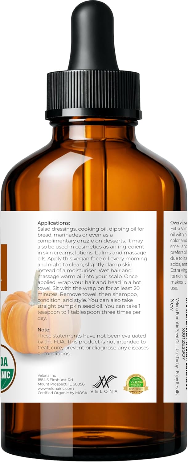 velona Pumpkin Seed Oil USDA Certified Organic - 4 Fl Oz | 100% Pure and Natural Carrier Oil | Unrefined, Cold Pressed | Cooking, Face, Hair