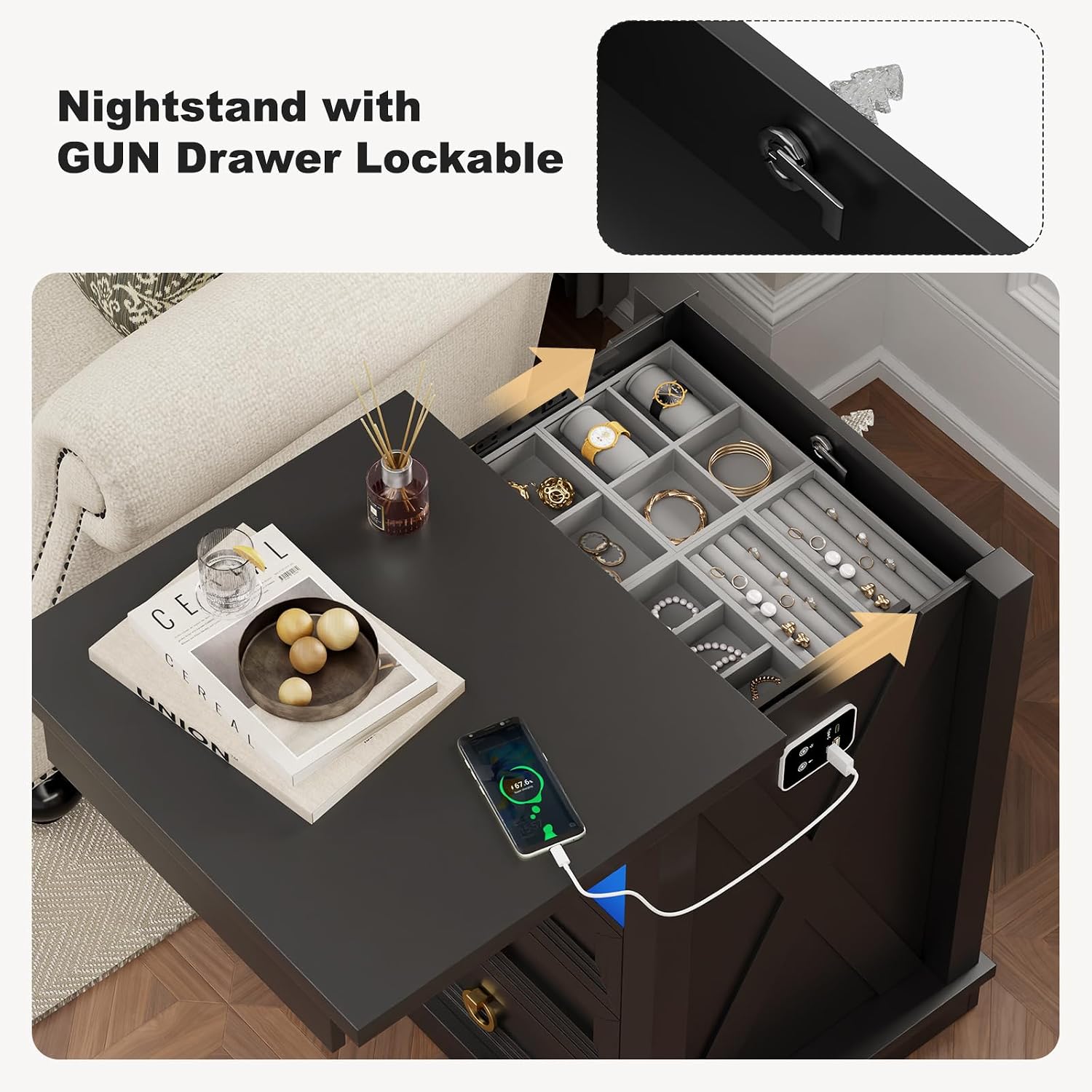 Farmhouse Nightstand with Lockable Hidden Drawer, Human Sensor LED Bedside Table with LED Lights & Charging Station, Rustic Wood Sofa Side End Table with 3 Drawers for Bedroom (Black)