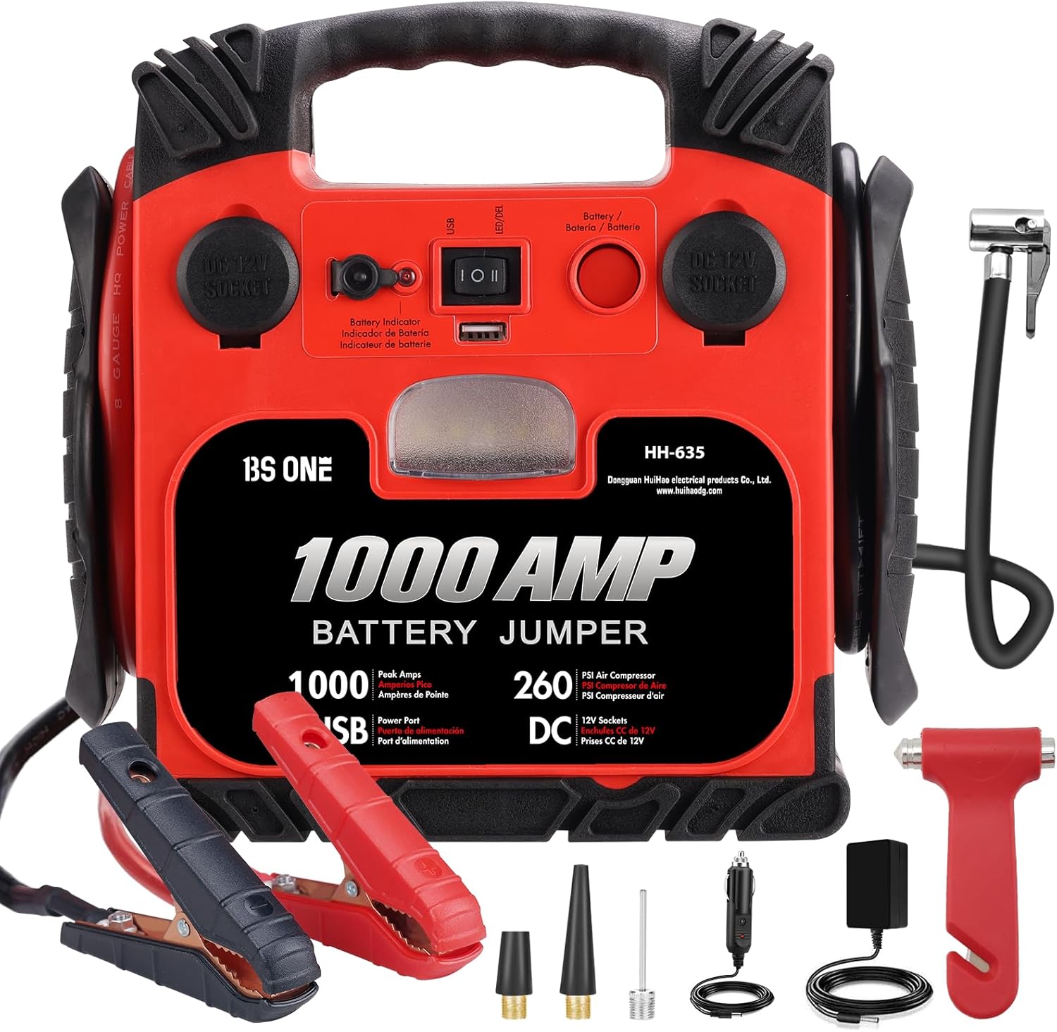 BS ONE 1000 Amp Peak Current Car Jump Stater, 12V Lead Acid Battey Jump Box with 260PSI Air Compressor