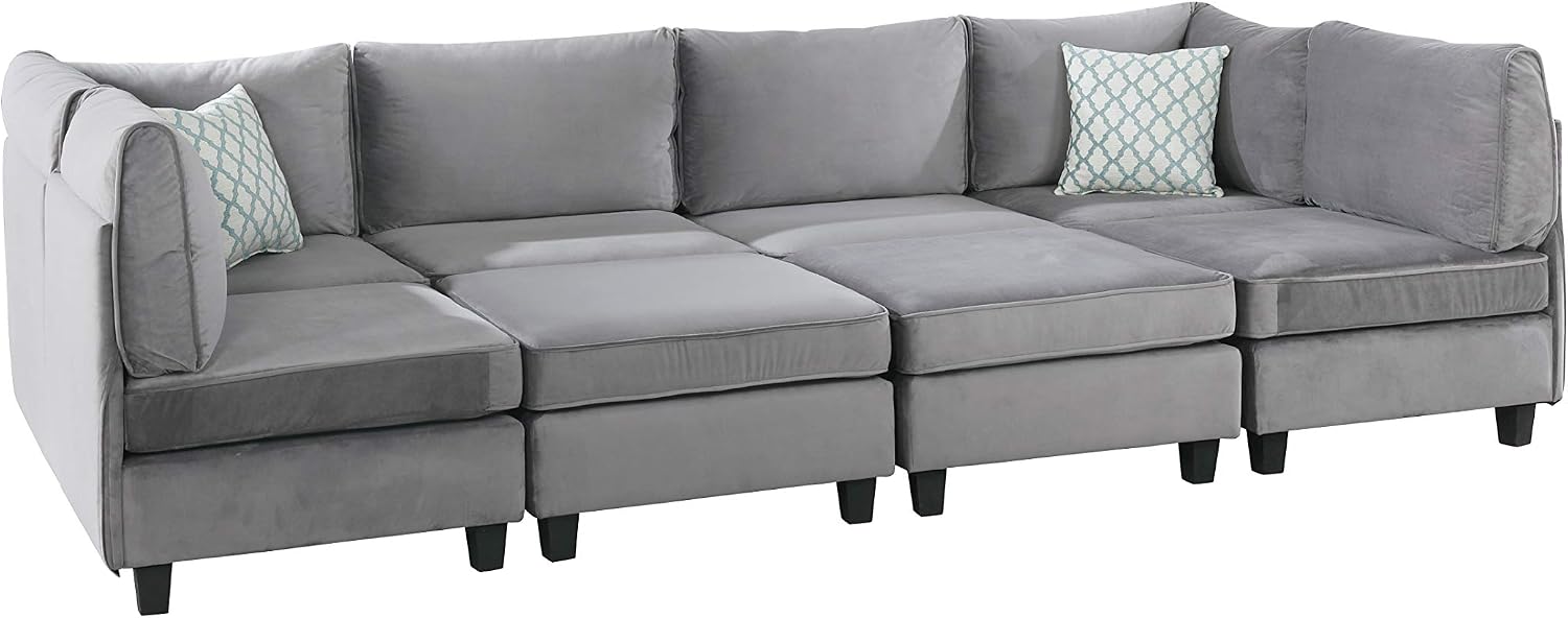 Lilola Home Simona 120-inch Modular Sectional Sofa, Gray Velvet 8-Piece U-Shaped Couch with 2 Ottomans & Accent Pillows