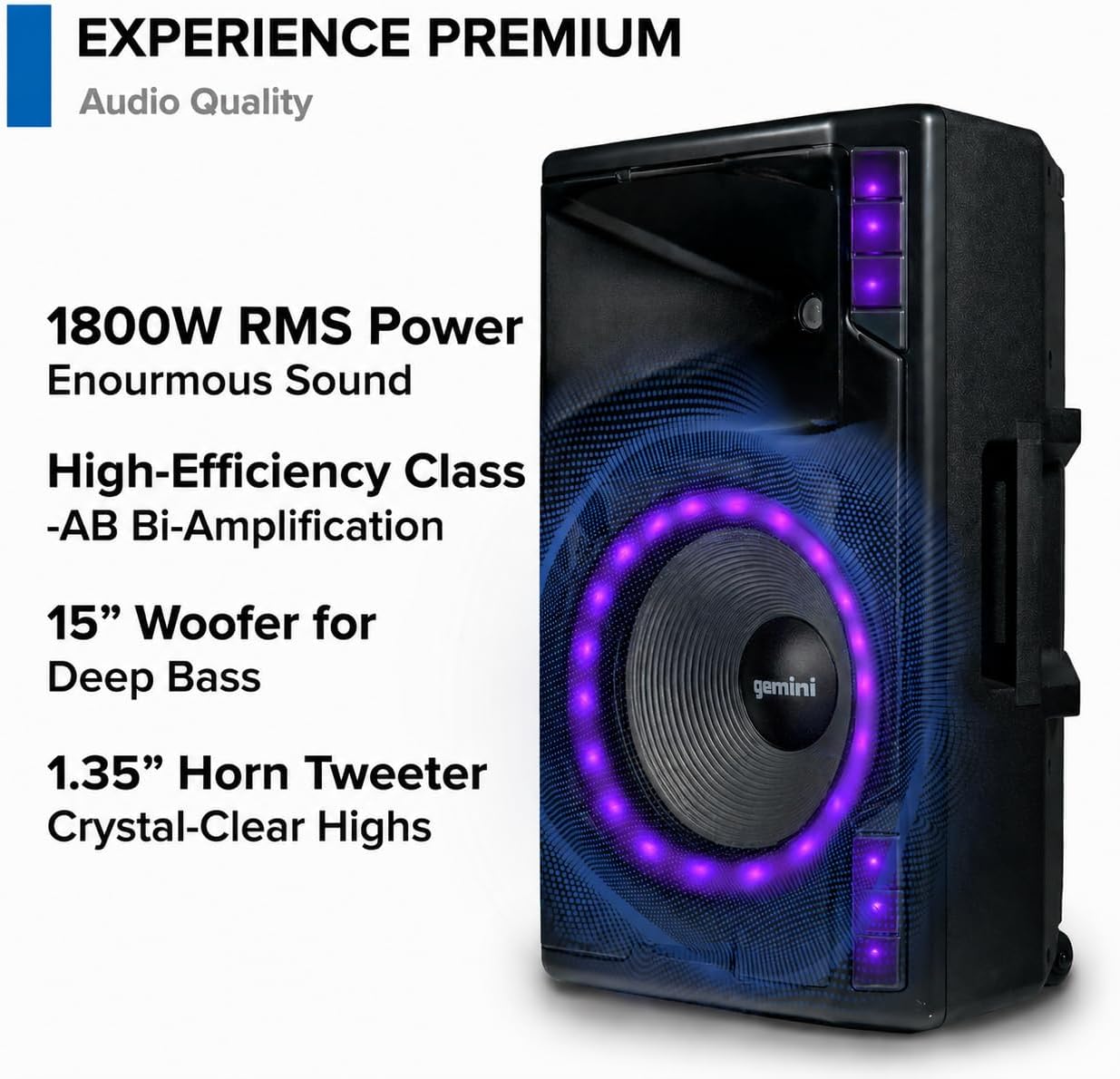 Gemini 15" Bluetooth PA Speaker, 1800 Watts, 3-Ch Mixer (GSP-2200)