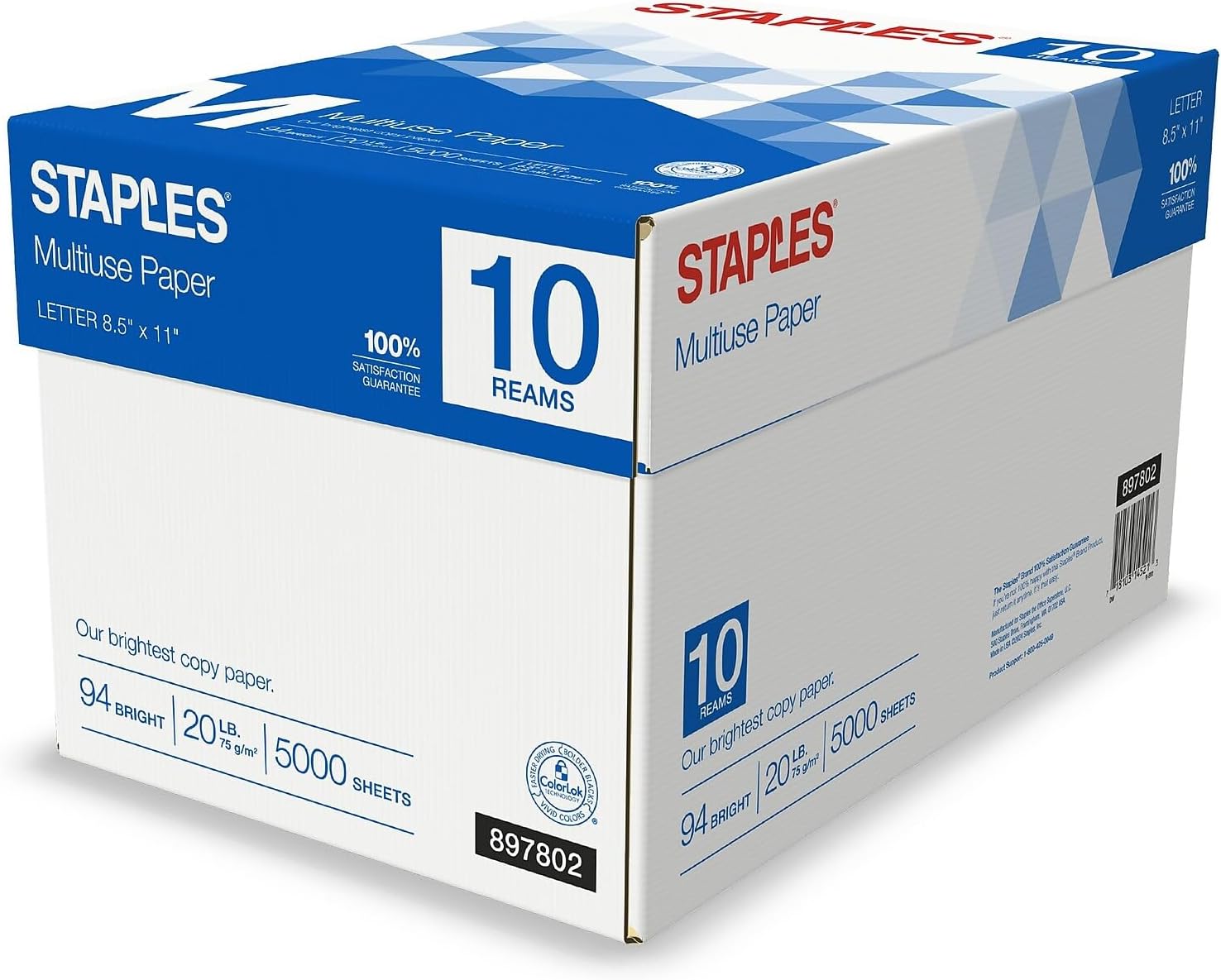 Staples Multipurpose Copy Paper, 8.5x11, 20lb, 94 Bright, 10 Reams/Carton | 5,000 white sheets total. Smooth finish reduces jams in copiers, laser & inkjet printers.