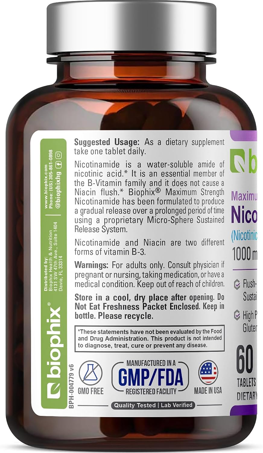 biophix B-3 Nicotinamide 1000 mg 60 Tablets Extra Strength Timed Release - Nicotinic Amide Niacin Natural Flush-Free Vitamin Formula - Supports Skin