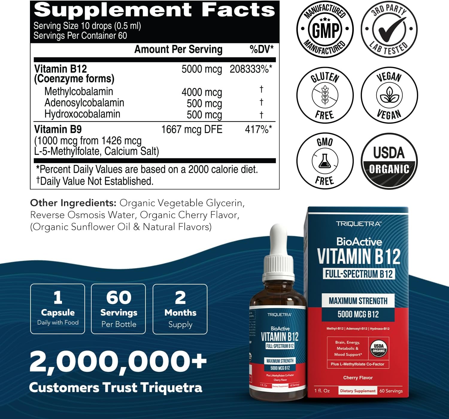 BioActive Vitamin B12 5000 mcg | 3 BioActive Forms Plus Methylfolate Cofactor - Methylcobalamin, Adenosyl & Hydroxy | Sublingual Liquid Drops