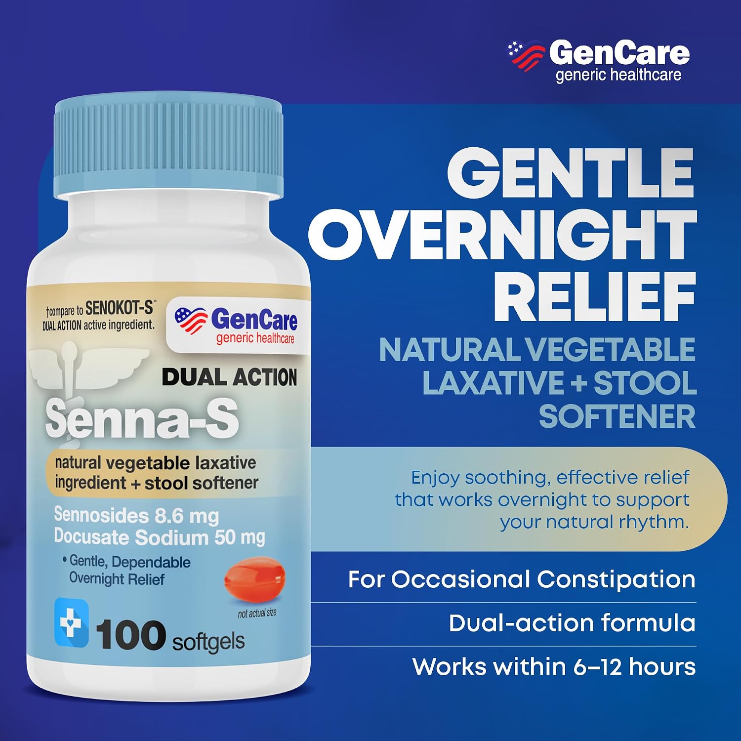GenCare Senna-S Laxative Plus Stool Softener, Dual Action, 200 Ct