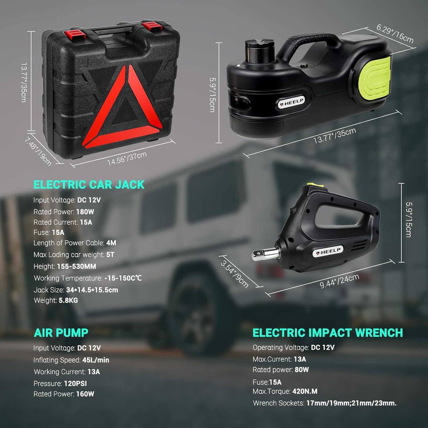 E-HEELP Electric Car Jack Kit 5 Ton 12V with Impact Wrench, 6.1-17.7 in