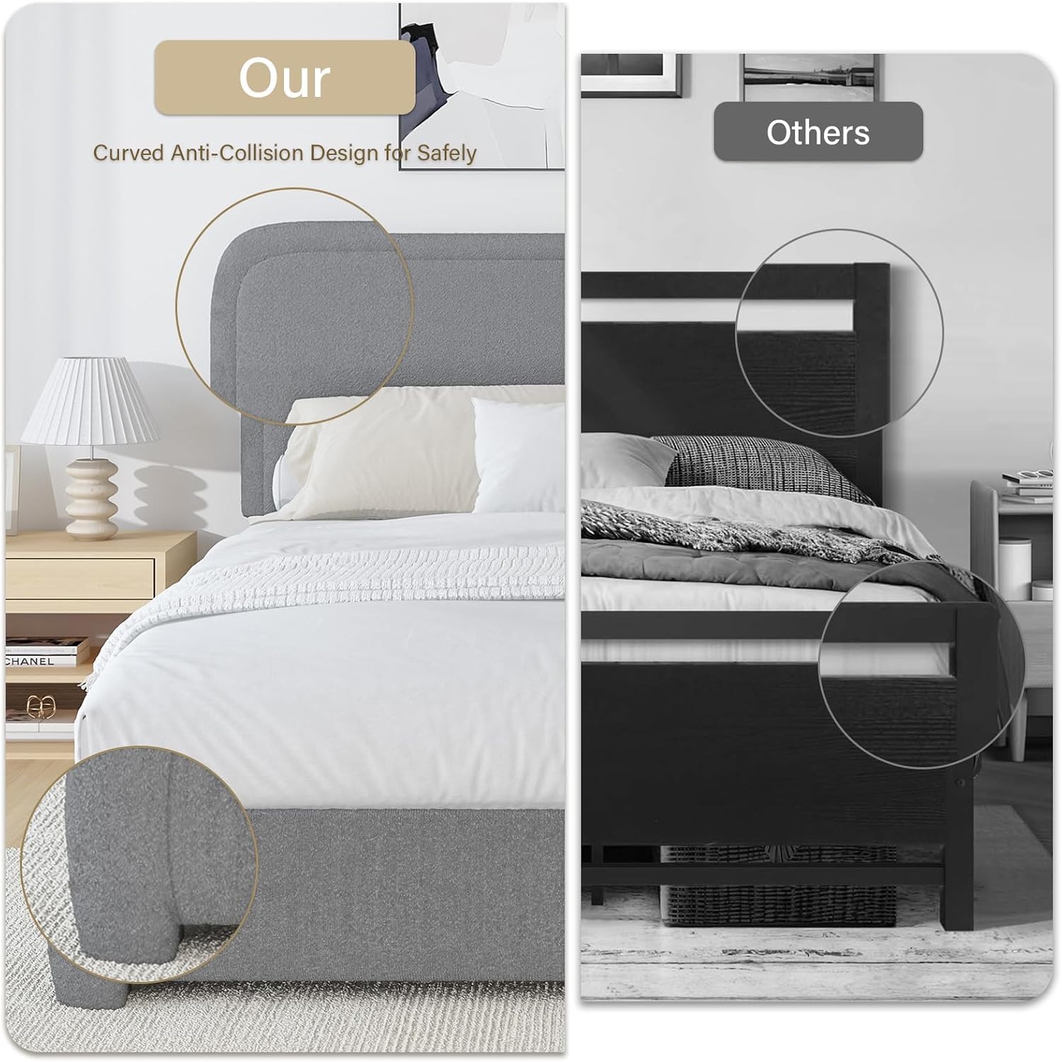 BarnFurin Full Bed Frame, Cloud Boucle Headboard, Rounded Corners, White | Soft boucle and rounded edges create a low-profile cloud look. Wooden slats support the mattress without a box spring