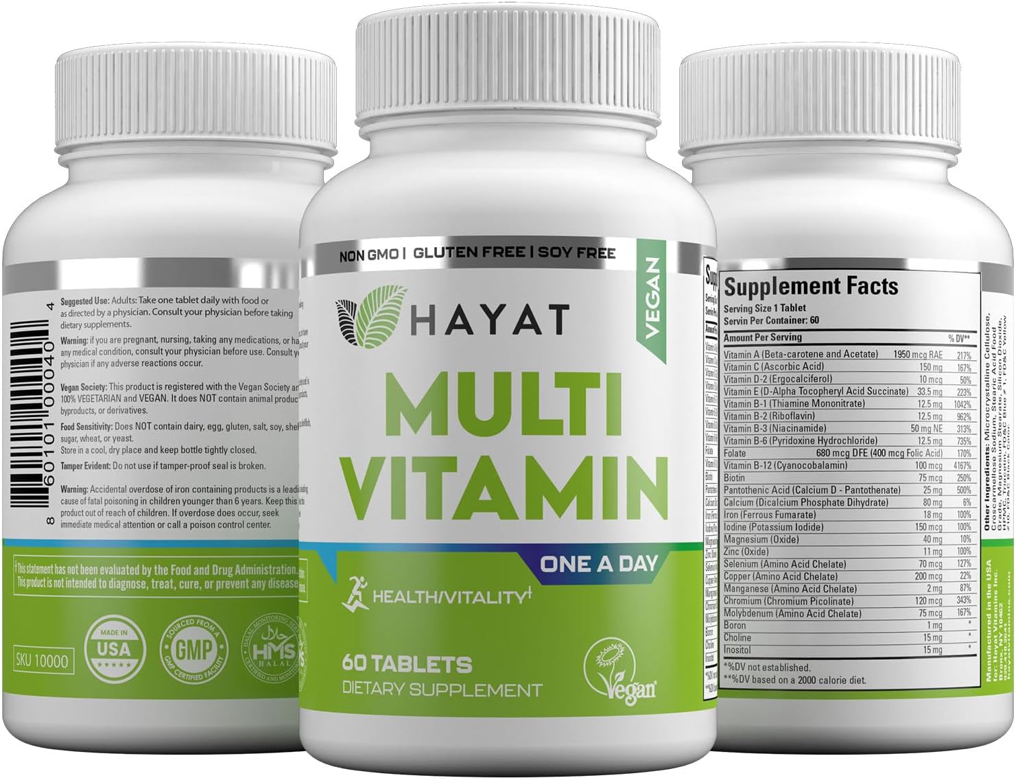 HAYAT Vitamins Vegan Natural Multivitamin, Daily Vitamins with Vitamin A, C, D, E, B1, B2, B3, B6, B12, Biotin, Zinc and More, 2 Month Supply