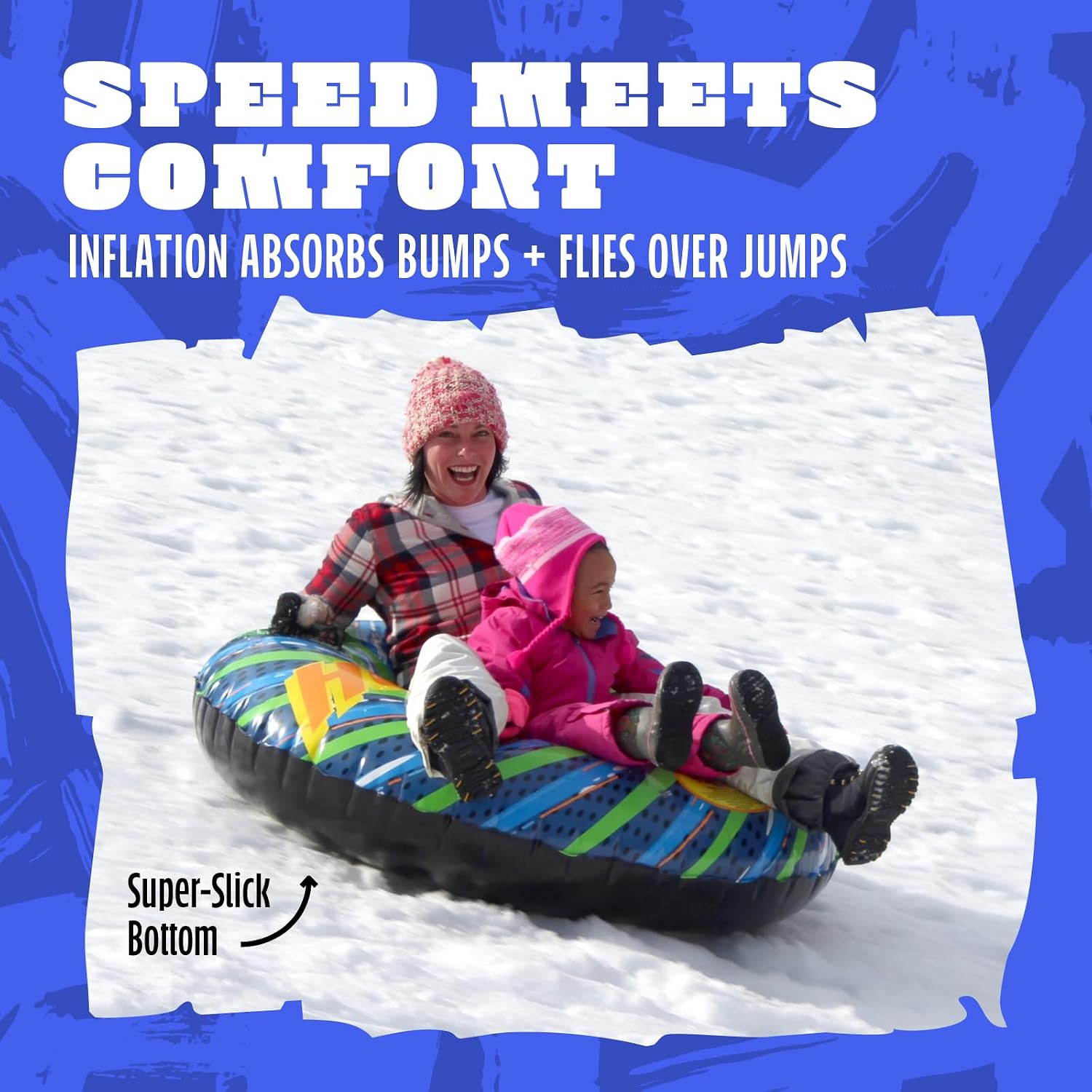 Flexible Flyer 56" Hurricane Snow Tube - 2-Person Round Inflatable Snow Sled and Water Pool Float for Year Round Fun - Double Sled with Handles for