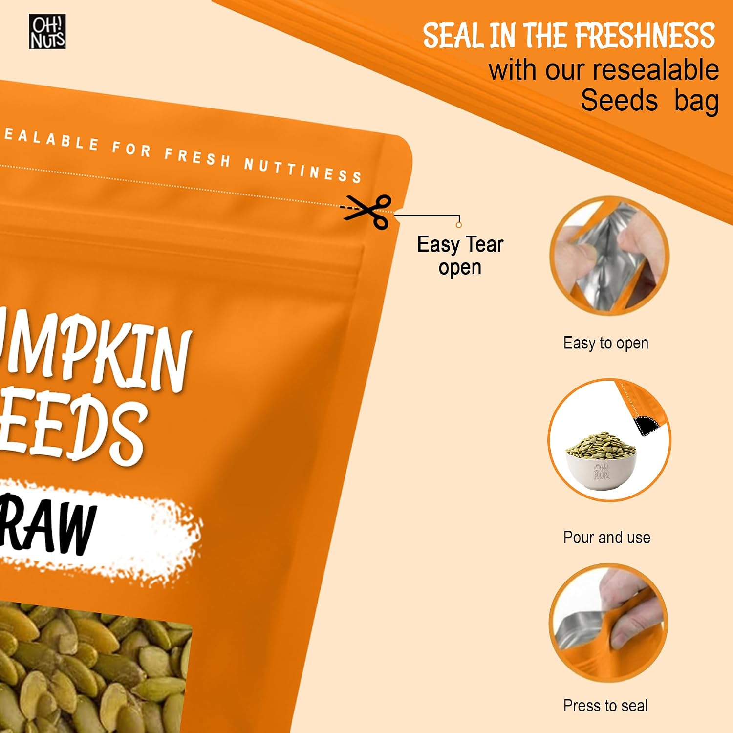 Oh! Nuts Raw Pumpkin Seeds Unsalted Pepitas 1 Pound - 100% Natural | Raw pumpkin seeds unsalted - 100% natural organic pepitas to eat - No shell - Packed in NY - Resealable zip-seal bag
