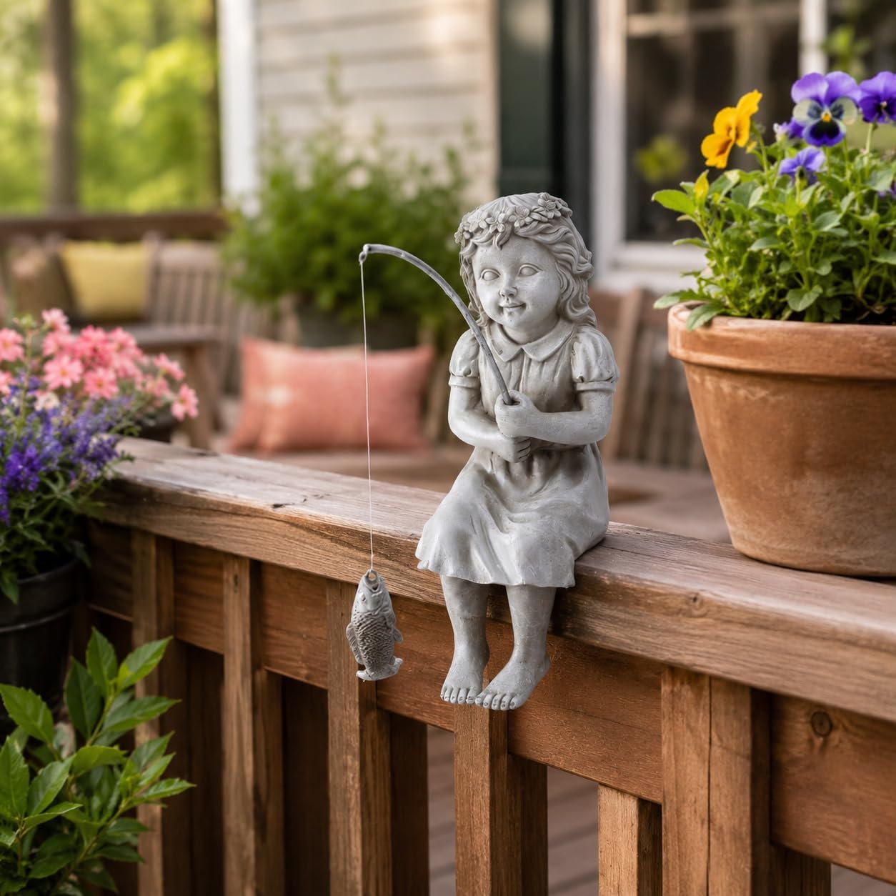 Goodeco Fisherboy Statue Garden Decor - 11" Little Fishing Guy for Koi Pond or Waterfalls, Poolside Statue with Glow in Dark Pebbles Included