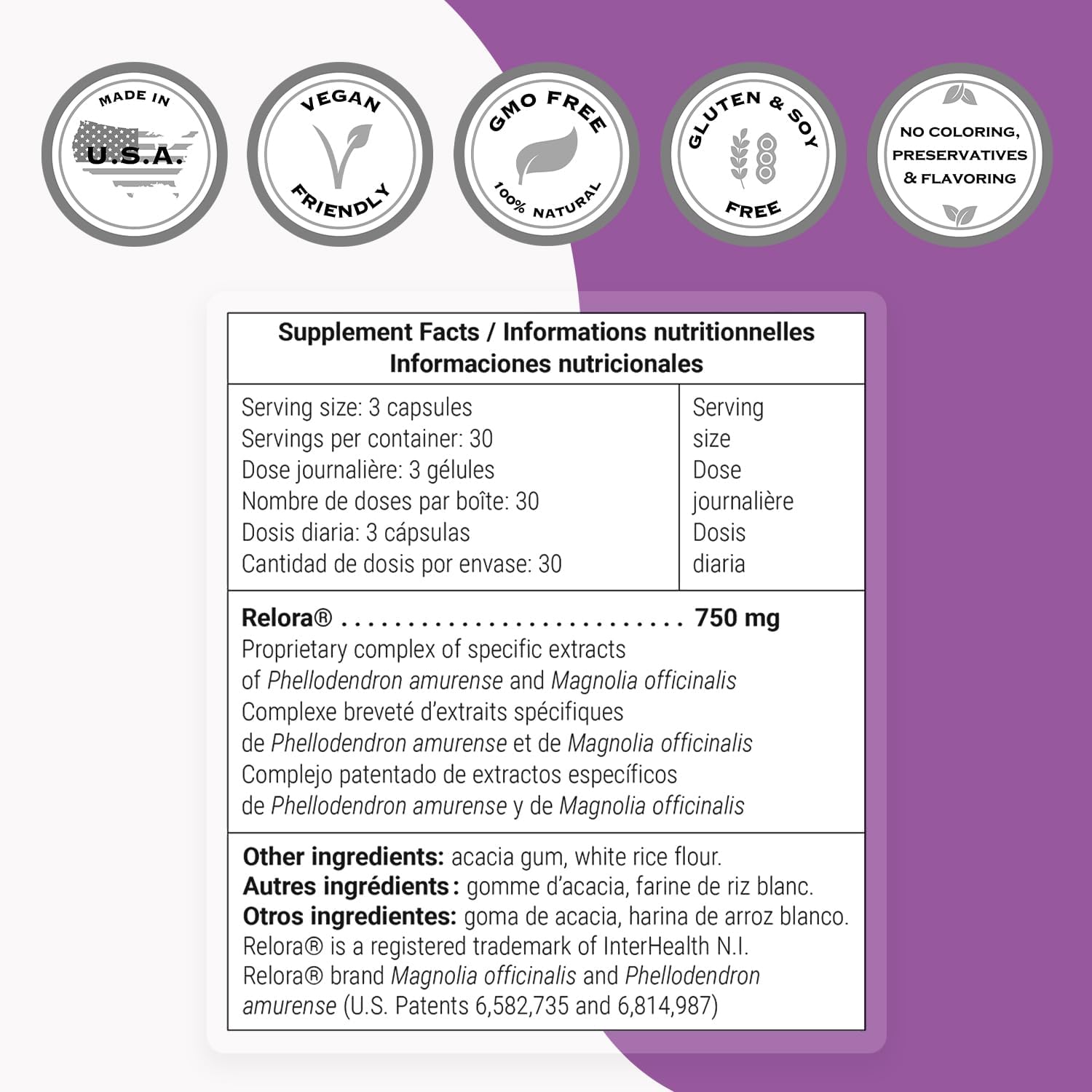SuperSmart Relora 750mg per Day - Magnolia Officinalis & Phellodendron Amurense Extract Supplement | Non-GMO & Gluten Free - 90 Vegetarian Capsules