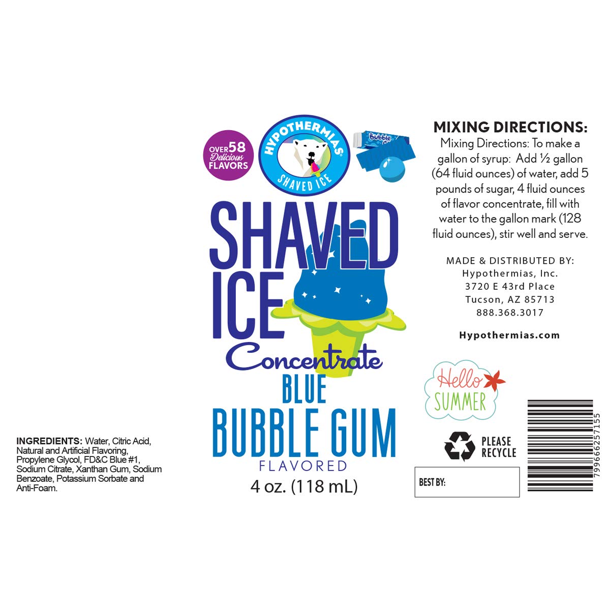 Hypothermias Shaved Ice and Snow Cone Syrup Unsweetened Flavor Concentrate - 4 Fl. Oz - Makes 1 Gallon of Ready to Use Syrup - Blue Bubble Gum