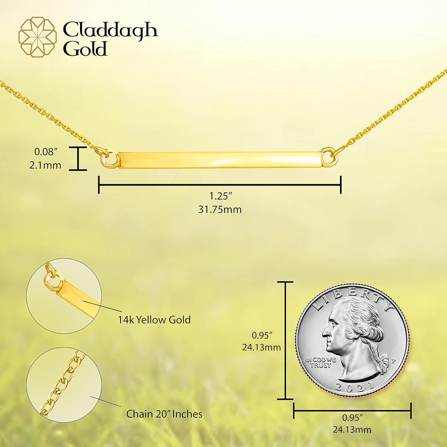 14K Yellow Gold 1-1/4" Horizontal Bar Style Pendant Rolo Chain Necklace - Choice of Chain Length