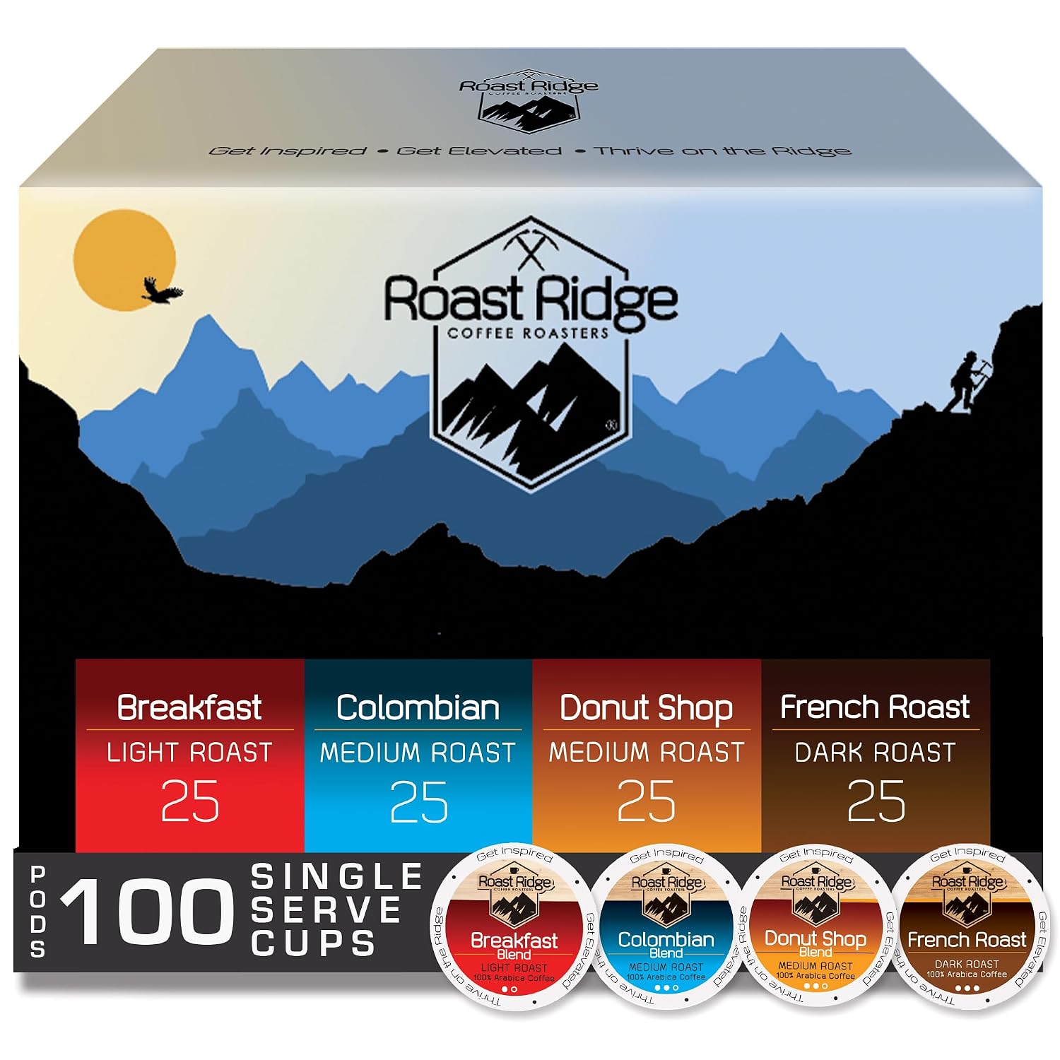 Roast Ridge Single Serve Coffee Pods for Keurig K-Cup Brewers, Variety Pack, Light Roast, Medium Roast, Dark Roast, 100 Count (25 Each: Breakfast Blend, Donut Shop, French Roast, Colombian)