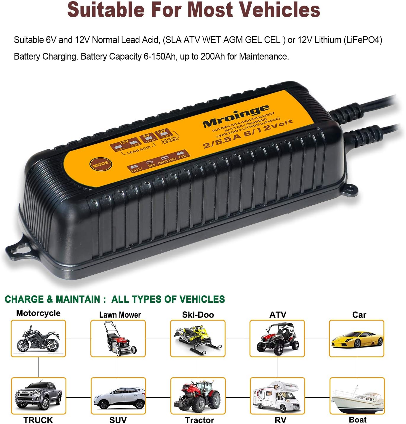 Smart Battery Charger, Mroinge 5.5A 6V/12V Automatic Battery Charger/Maintainer for Cars, Motorcycles, SUVs, Trucks and More