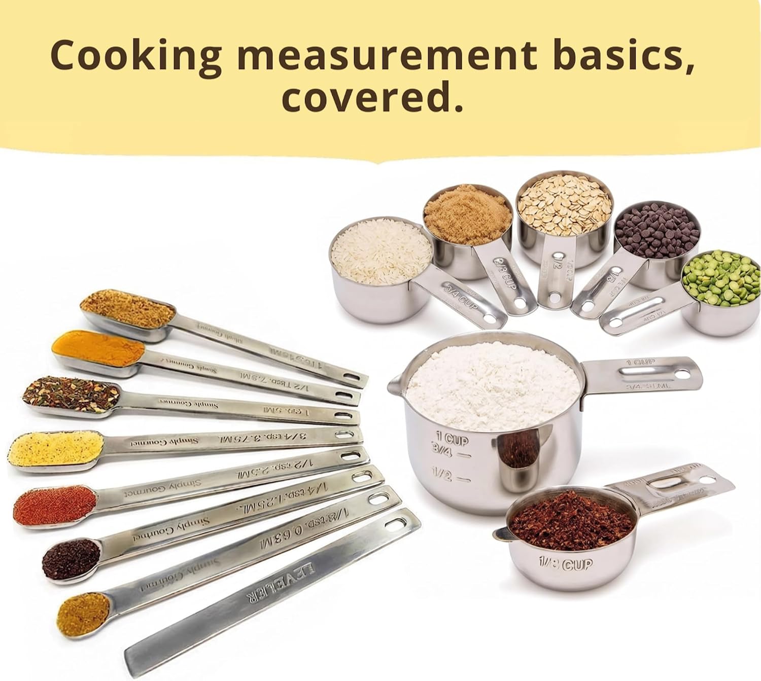 Simply Gourmet Measuring Cups & Spoons Set of 12, 18/08 Stainless Steel Kitchen Gadgets, Stackable Design with Long Handle Spoons, Fits in Spice Jars, Cooking & Baking Set for Dry & Liquid
