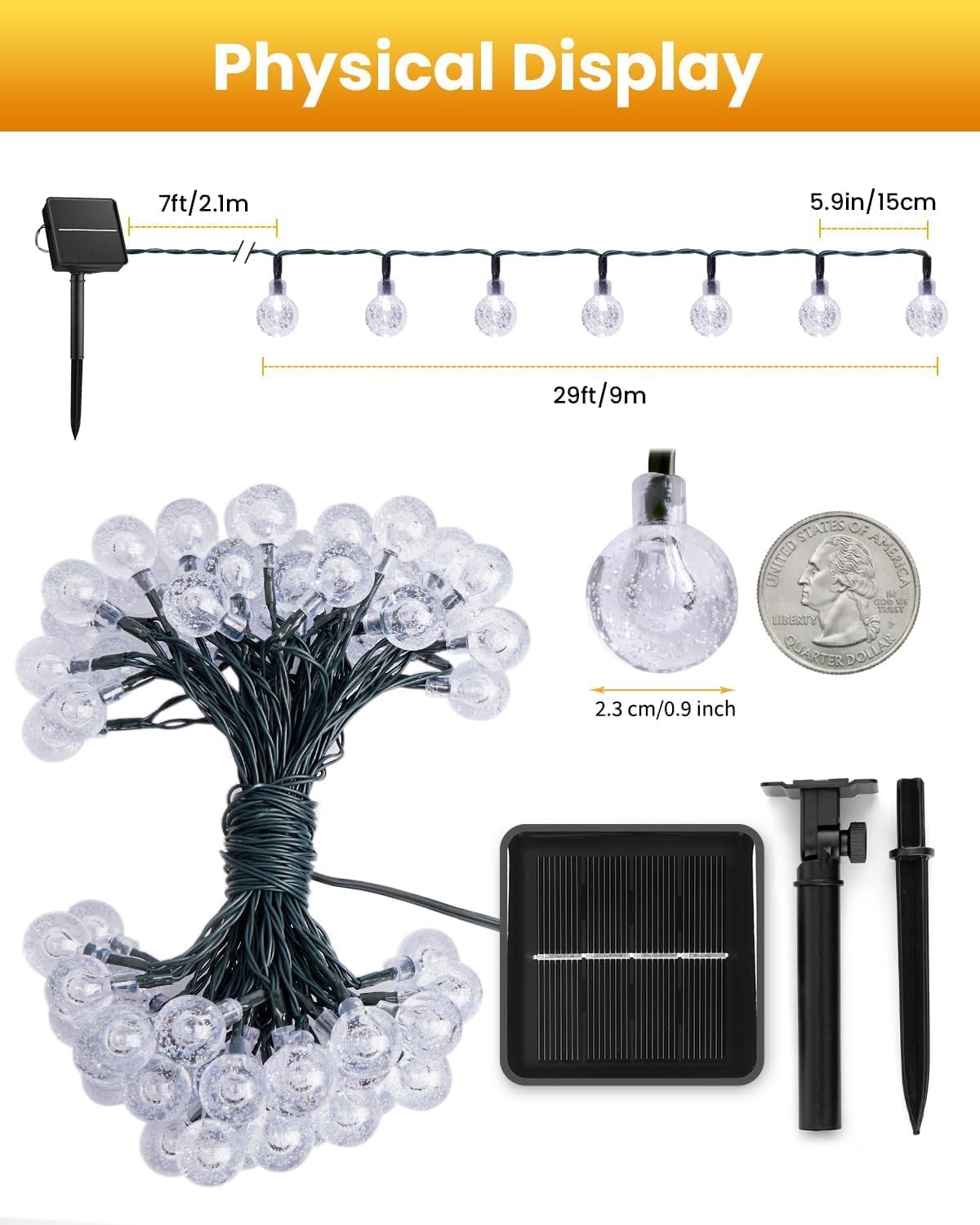 Brightown Solar String Lights Outdoor 60 Led 35.6 Feet Crystal Globe Lights with 8 Lighting Modes