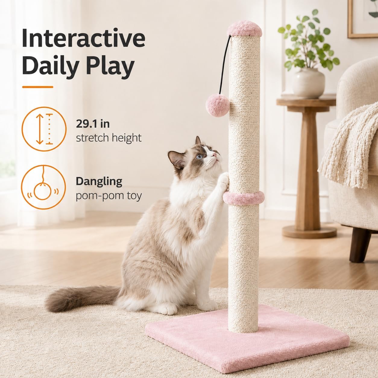 Dimaka 29" Height Tall Cat Scratching Post, Claw Scratcher with Sisal Rope and Covered with Soft Smooth Plush, Vertical Scratch [Full Strectch] for Standard Size Cats(Grey, 29 inches for All Cats)