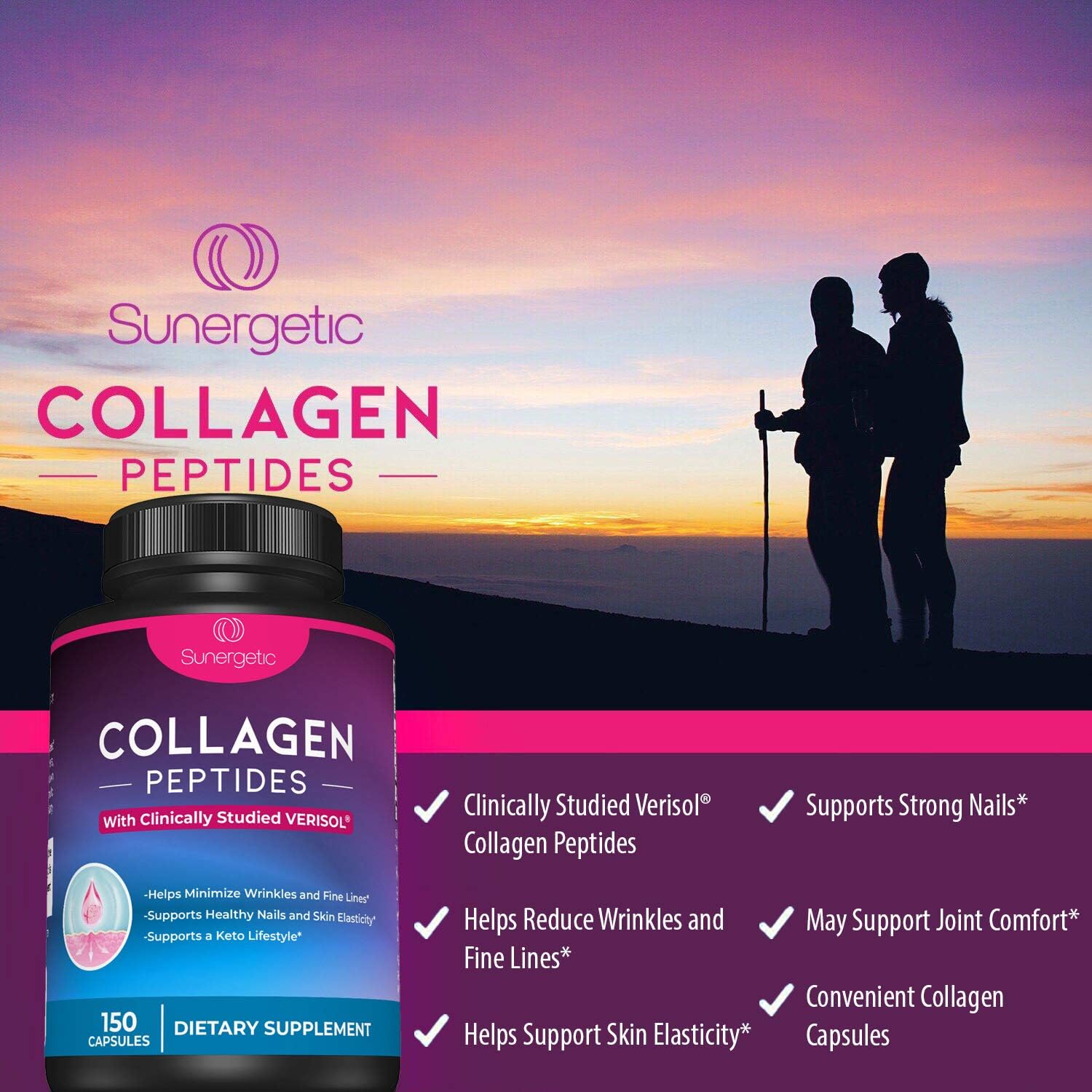 Sunergetic Premium Collagen Peptides Capsules – 2500 mg of VERISOL Collagen Peptides Type 1 & Type 3 – Multi Collagen Supplement to Support