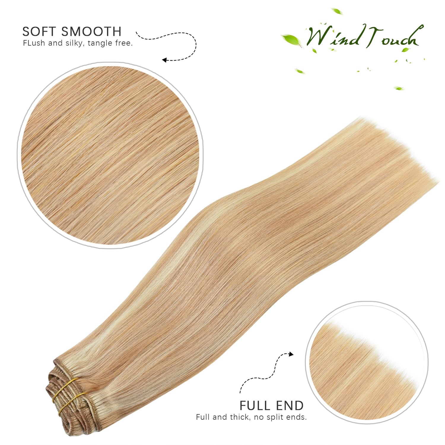 WindTouch Clip In Hair Extensions Human Hair Mixed Bleach Blonde 18Inch 75g Hair Extensions for Women Remy Blonde Extensions Clip in #18p613 7PCS