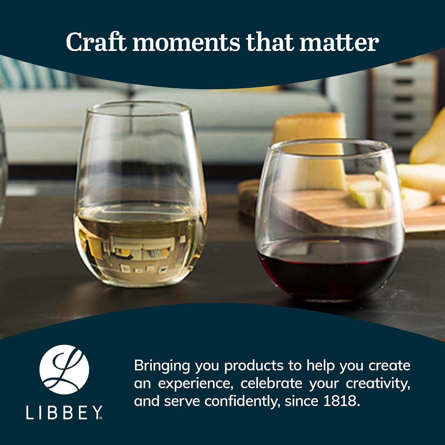 Libbey Classic Blue All-Purpose Stemless Wine Glasses Set 6, Timeless Wine Cups Set of 6, 15.25 Oz, Wine Glass Set for Dinners, Weeknights