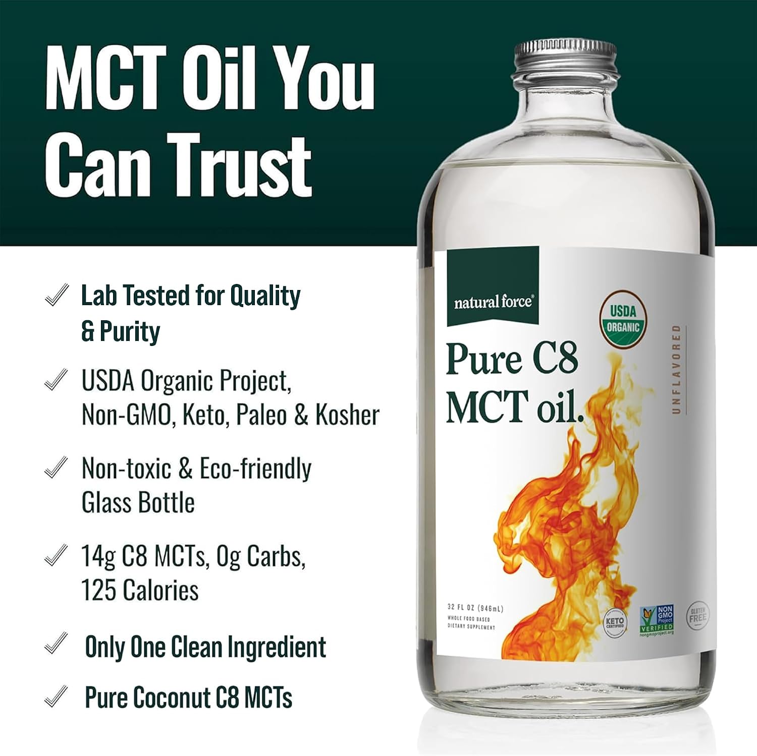 Natural Force Organic Pure C8 + Organic Full Spectrum MCT Oil – USDA Organic, Non GMO, 100% Pure Coconut MCTs – Keto, Paleo, Vegan