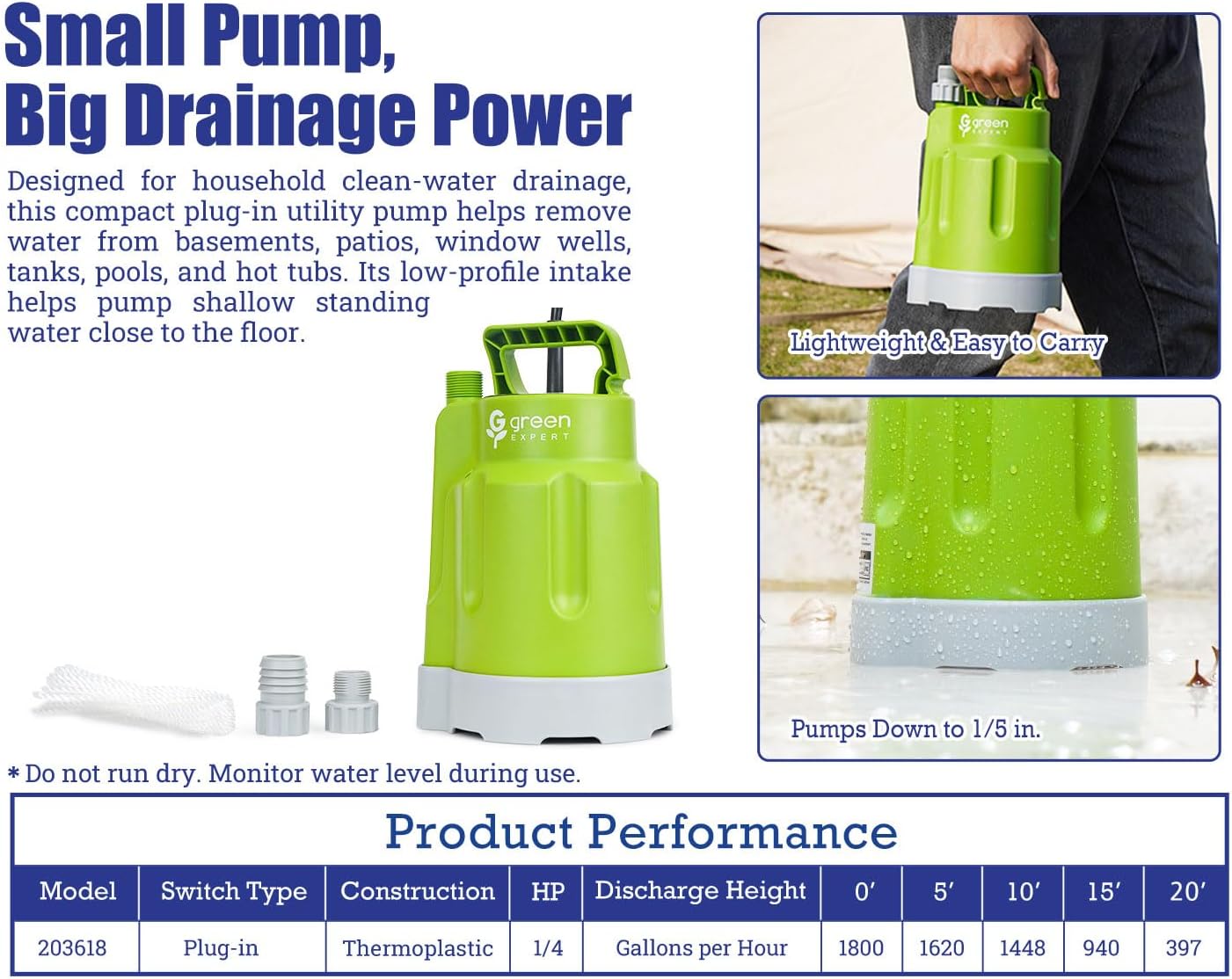 Green Expert 1/4HP Submersible Sump Pump, High Flow 1800GPH, 28FT Max Head, Portable Utility Water Pump for Basement Flooding, Emergency Water Removal