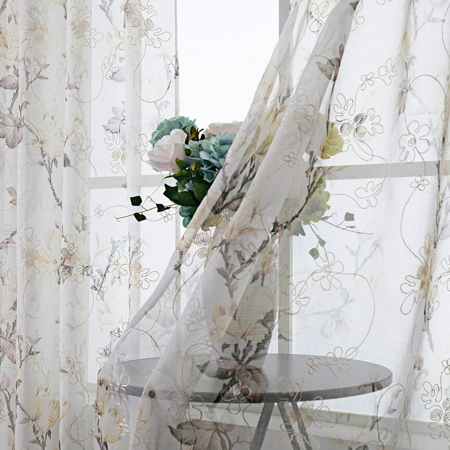 Tollpiz Floral Grey Sheer Curtain Flower Print Vine Embroidery Bedroom Curtains Rod Pocket Voile Window Curtain for Living Room, 54 x 84 inches Long