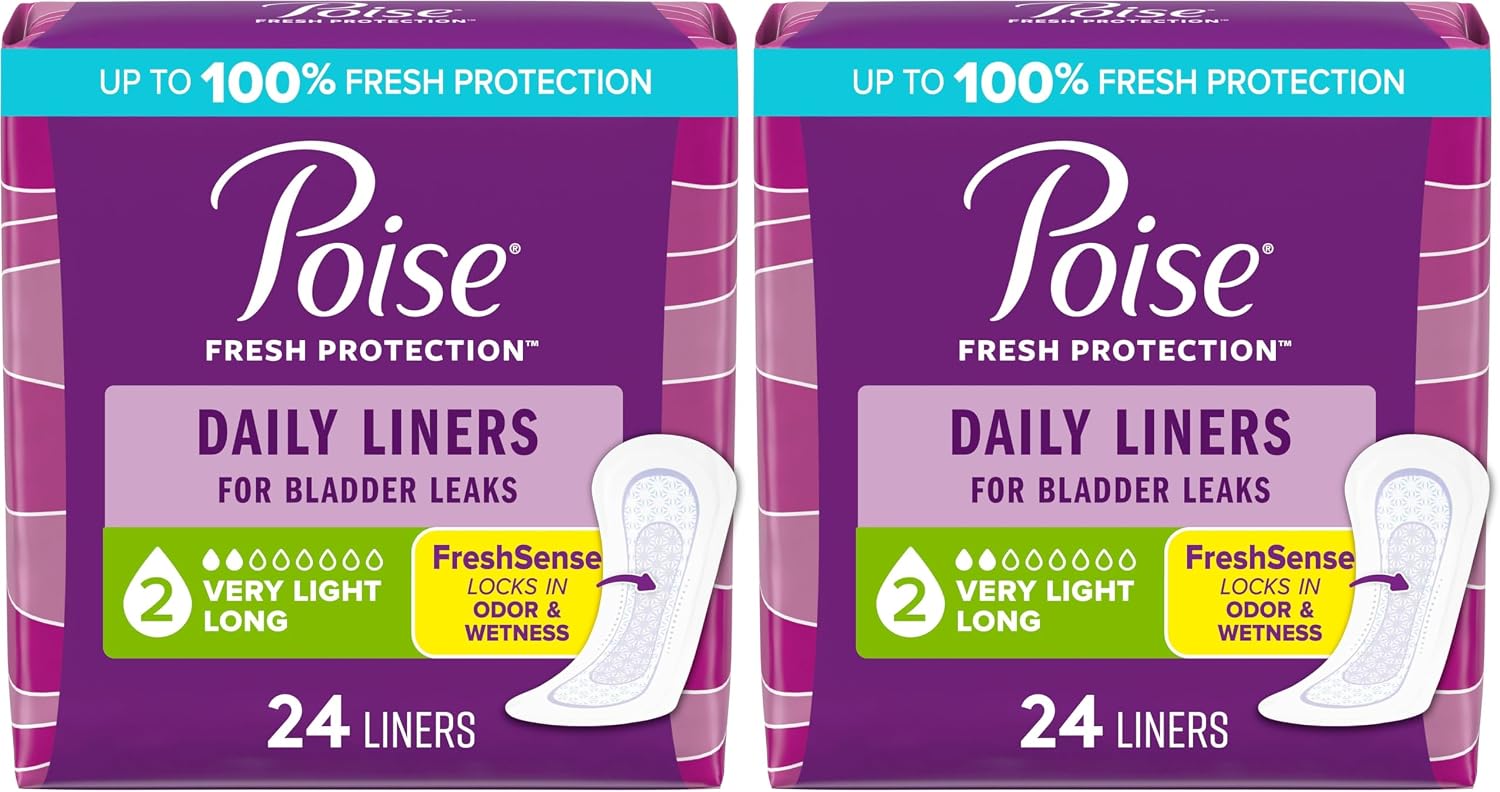 Poise Daily Liners, Incontinence Panty Liners for Bladder Leaks, 2 Drop Very Light Absorbency, Long Length, 264 Count of Pantiliners (6 Packs of 44), Packaging May Vary
