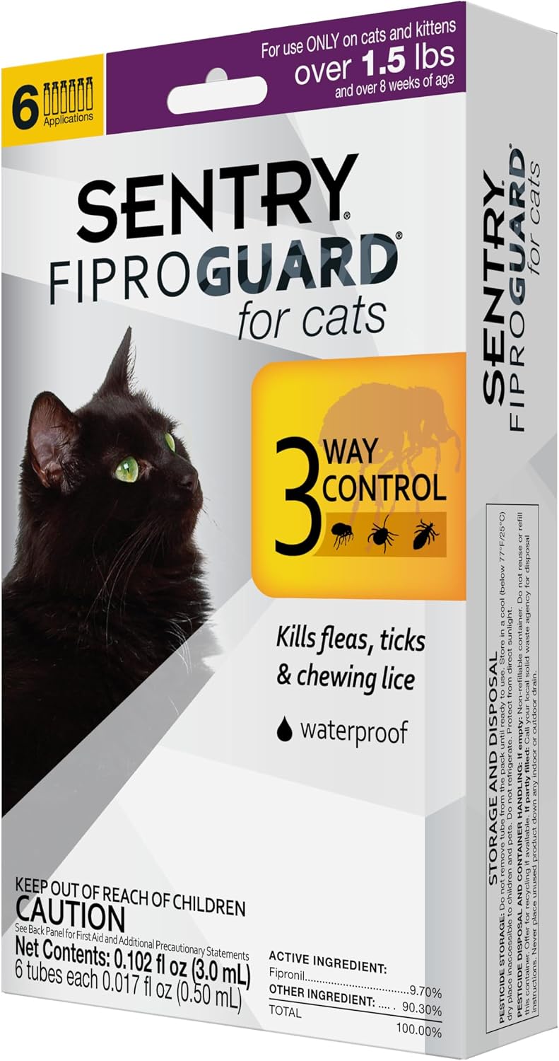 Sentry Fiproguard Flea & Tick Cats 1.5 lbs+, Fipronil, 6-Month | Ideal for Cats & Kittens 1.5 lbs+, Kills Fleas, Ticks & Chewing Lice for 30 Days