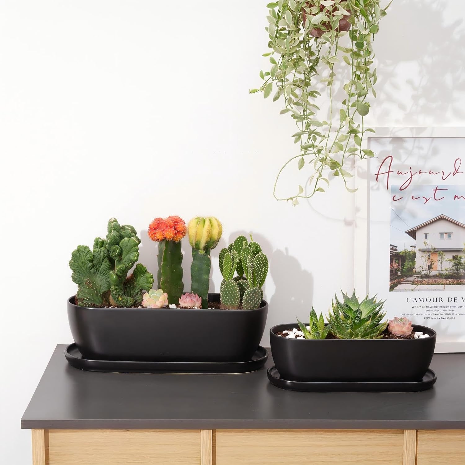 E-liu 11 Inch Oval Ceramic Planter Pot with Drainage Hole Saucers