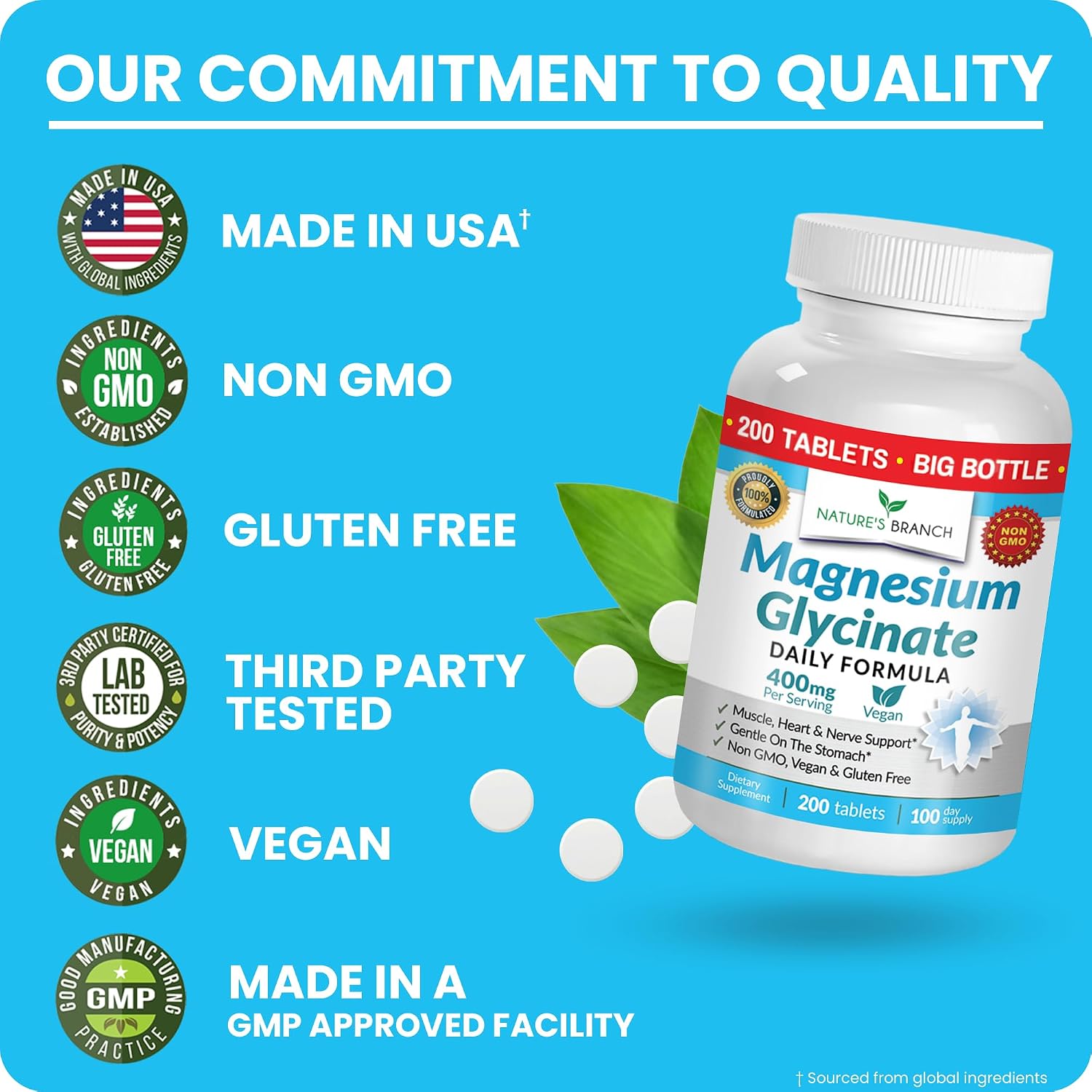 Magnesium Glycinate 400mg | 200 Tablets – High Absorption for Sleep & Heart