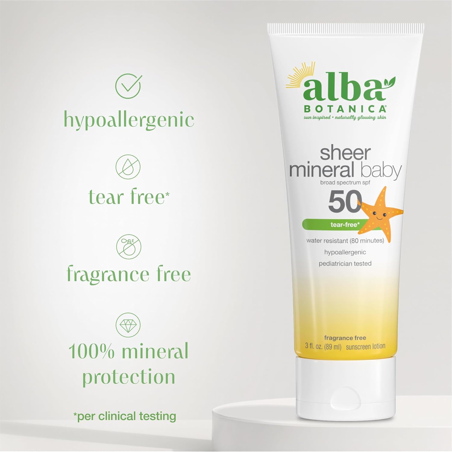 Alba Botanica Baby Sunscreen for Face and Body, Sheer Mineral Sunscreen Lotion, Broad Spectrum SPF 50, Water Resistant and Fragrance-Free