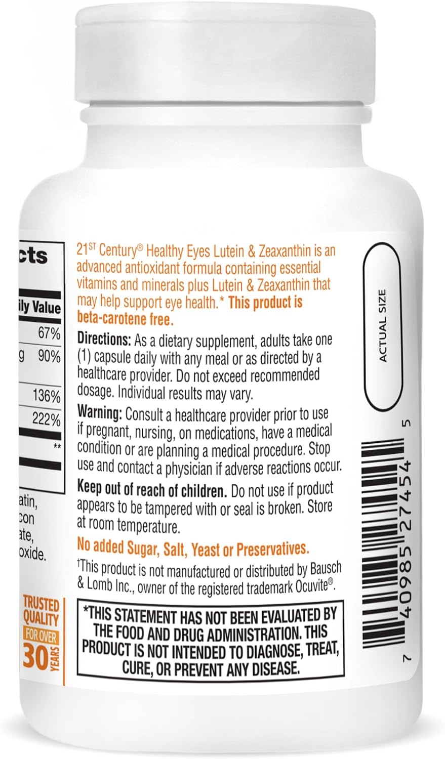 21st Century Healthy Eyes Lutein & Zeaxanthin Capsules, Vision, 60 Count | Advanced Eye Vitamin with Lutein & Zeaxanthin Plus an Antioxidant Formula