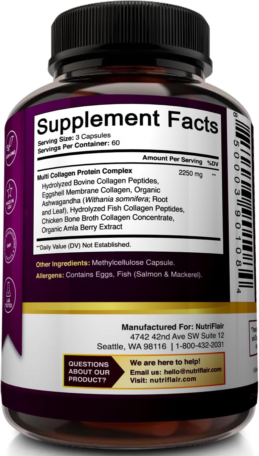 NutriFlair Multi Collagen Peptides 2250mg - Type I, II, III, V, X - Collagen Supplements Complex Powder Pills for Women and Men - Hydrolyzed Protein