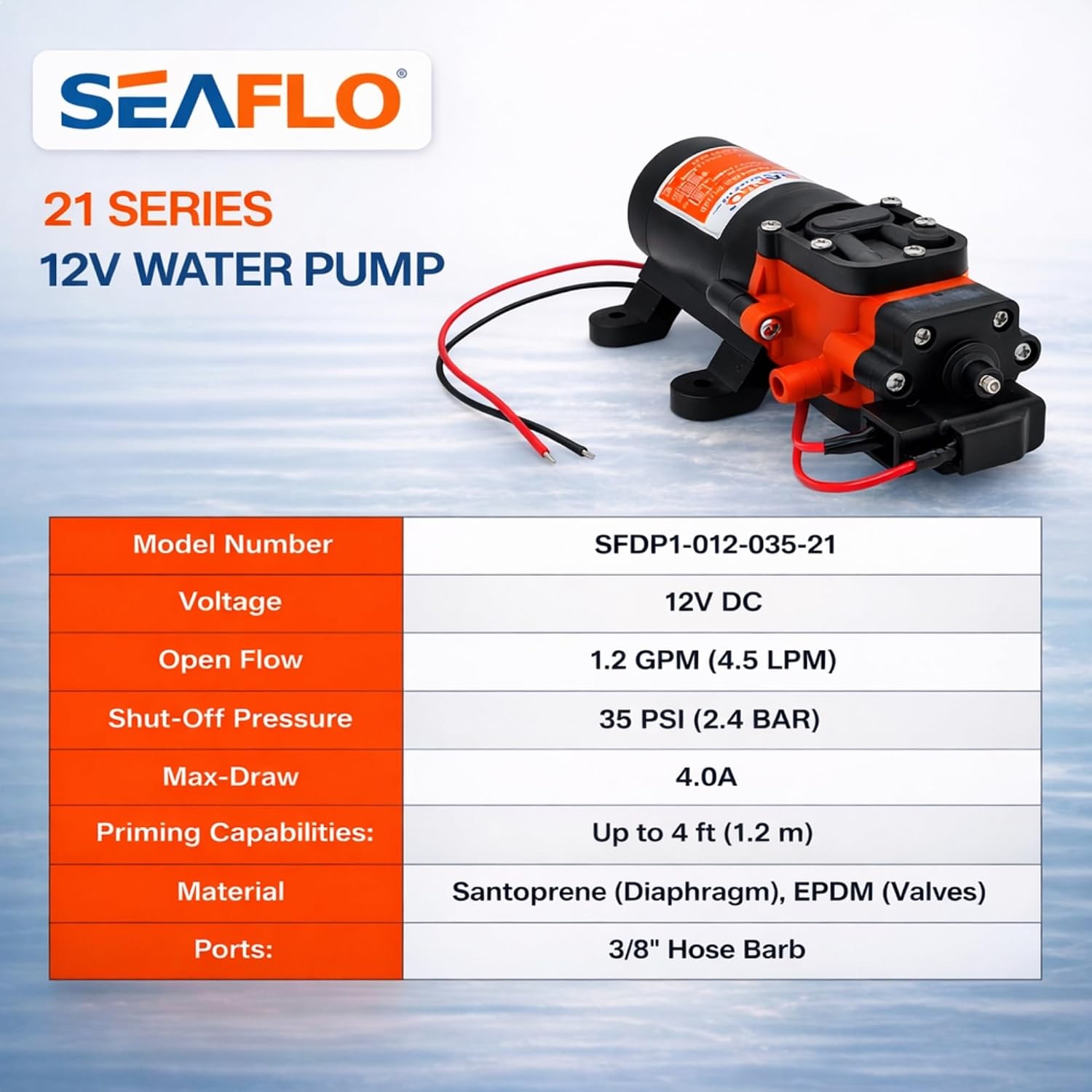 SEAFLO 55 Series 12V RV Water Pump 5.5 GPM 60 PSI Diaphragm Pump Heavy Duty Pressure Switch Built In Bypass Self Priming Quiet High Flow RV Marine Off Grid Freshwater System 4-Year Warranty