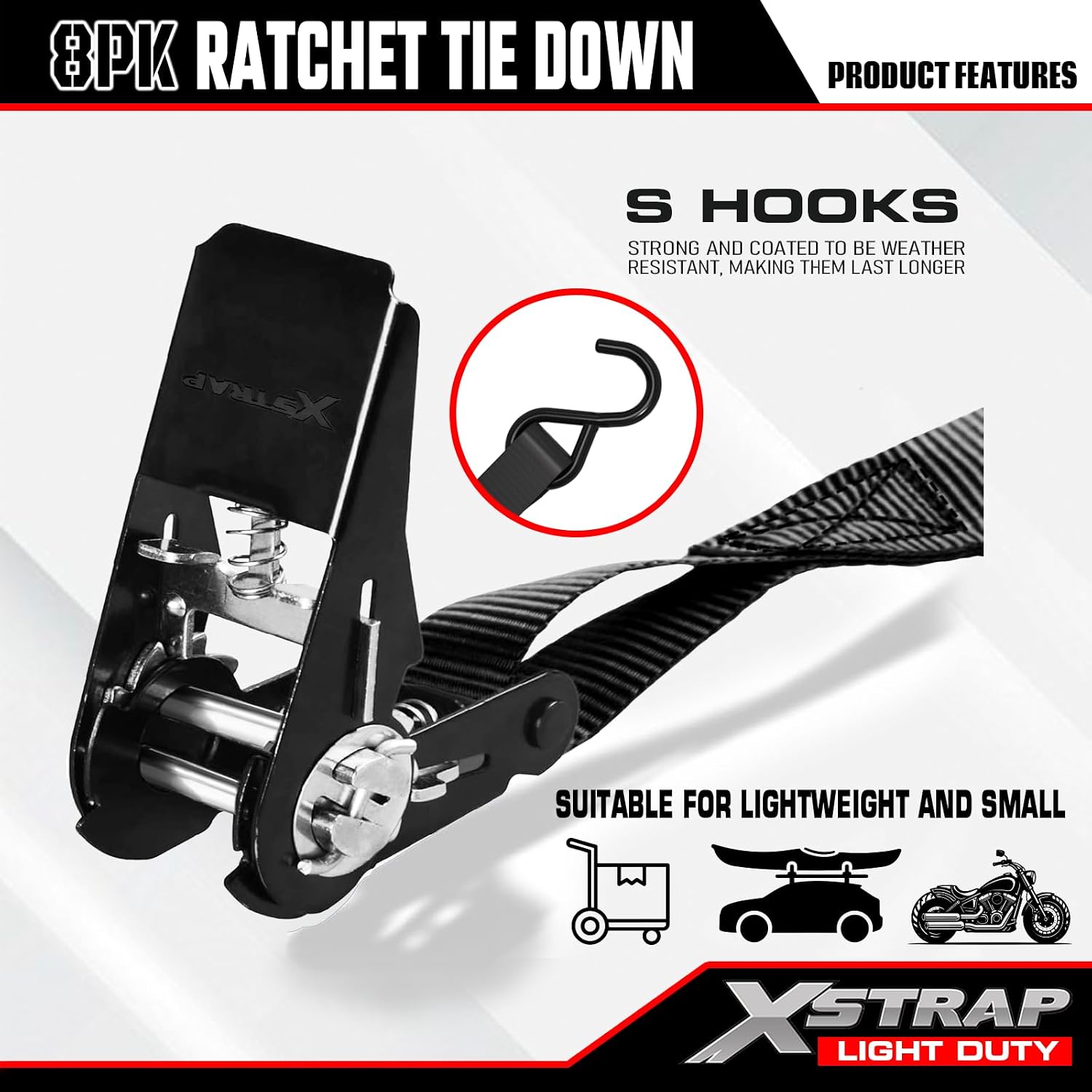 XSTRAP STANDARD 8-PK Ratchet Tie Down Straps, 1" x 10ft Cargo Strap, Yellow