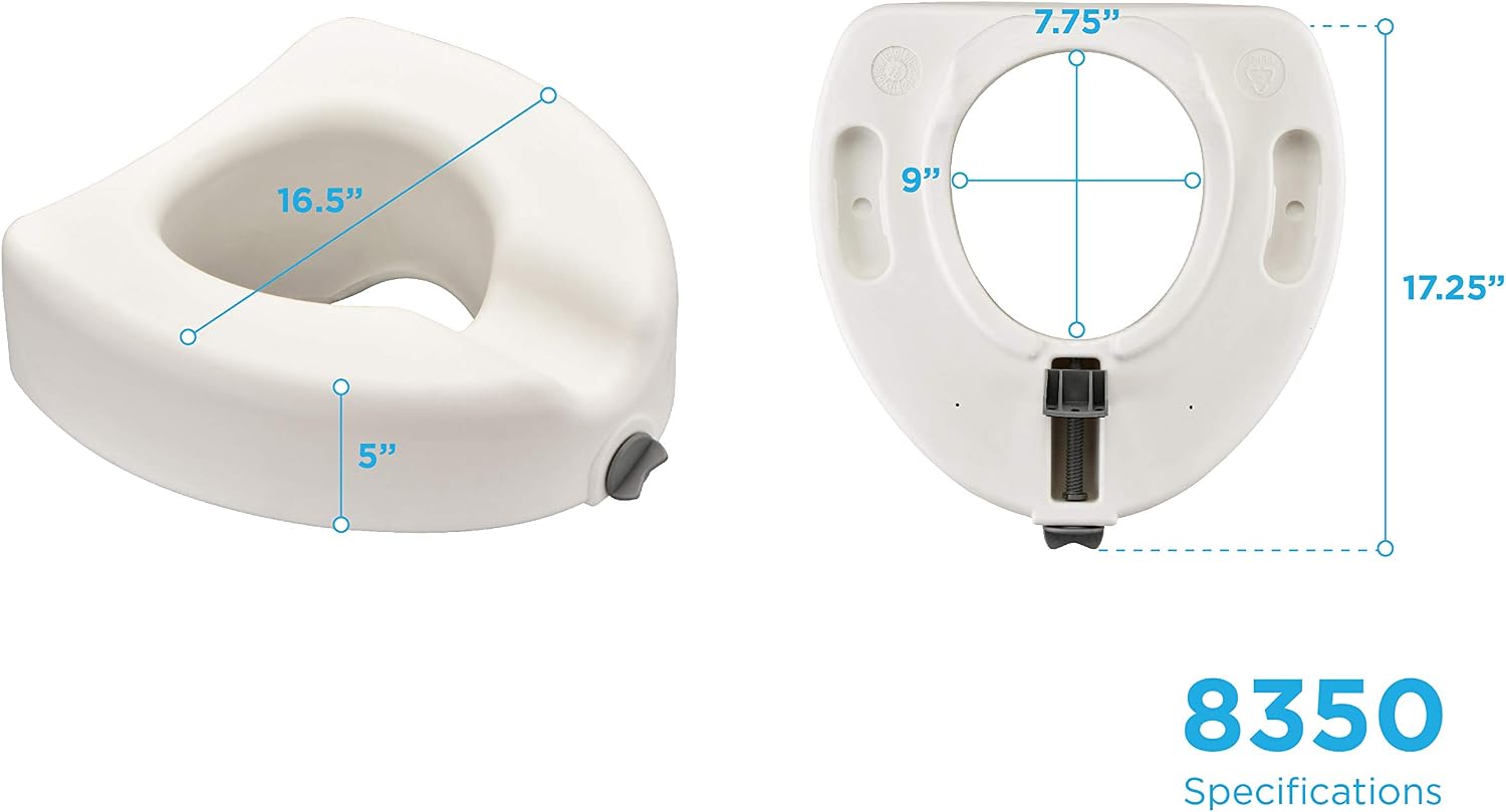 NOVA Toilet Seat Riser with Arms – Adds 5” Height, Raised Toilet Seat with ON/Off Front Lock, Adjustable & Removable Padded Arms (17.75”–20”), 300 lb Capacity, Safety Aid for Seniors