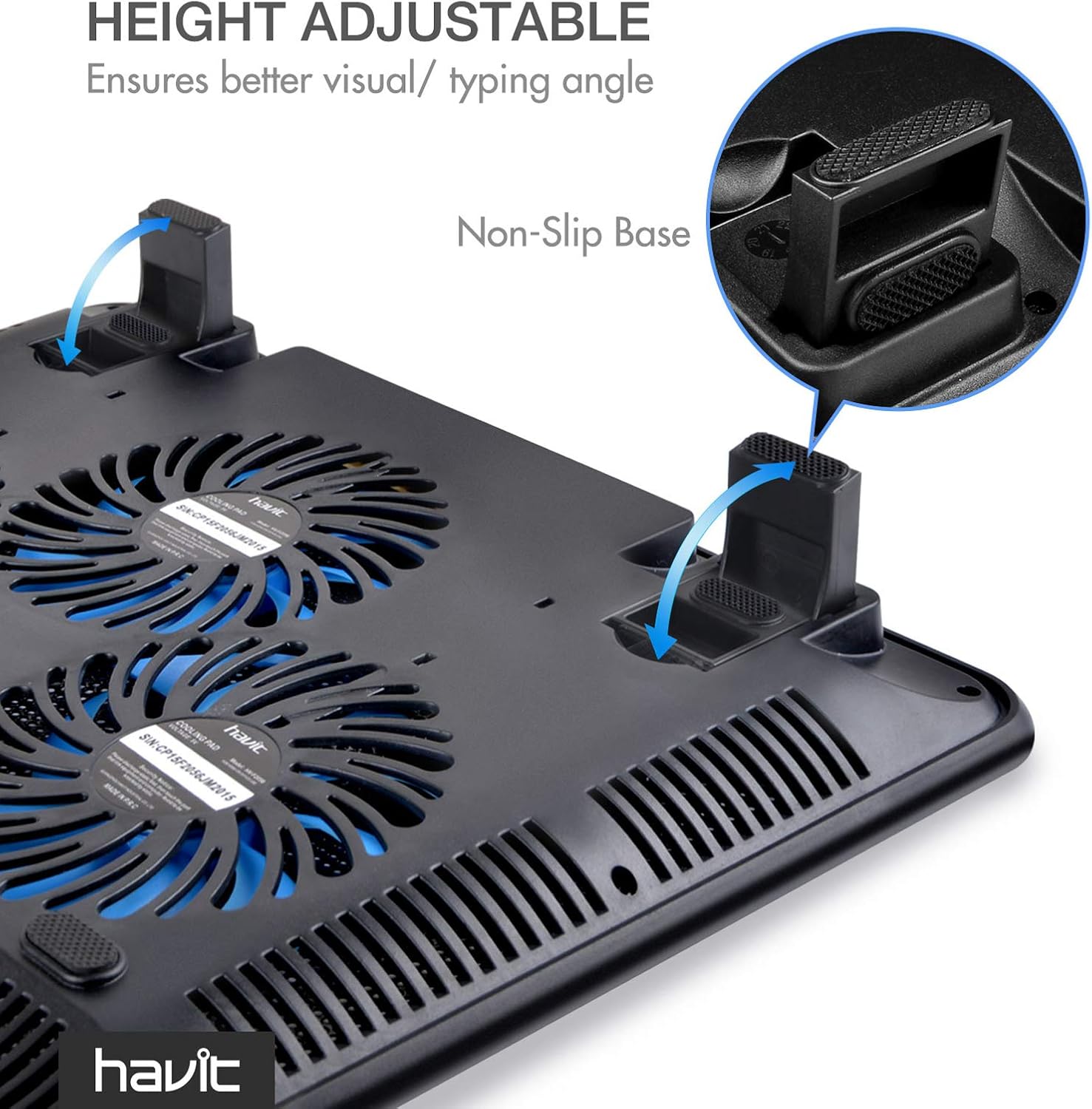 havit HV-F2056 15.6"-17" Laptop Cooler Cooling Pad - Slim Portable USB Powered (3 Fans), Black/Blue | Three quiet USB-powered fans circulate air below the laptop, two height settings improve viewing and typing comfort