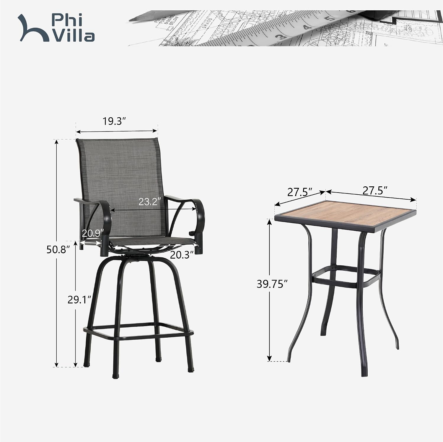 PHI VILLA Bar Height Patio Table and Chairs Set for 2