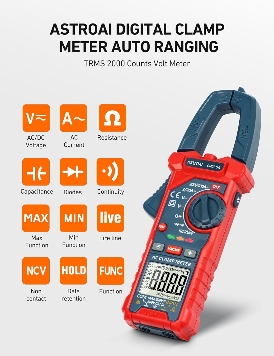 AstroAI Digital Clamp Meter Multimeter 2000 Counts Amp Voltage Tester Auto-ranging with AC/DC Voltage, AC Current, Resistance, Capacitance, Continuity