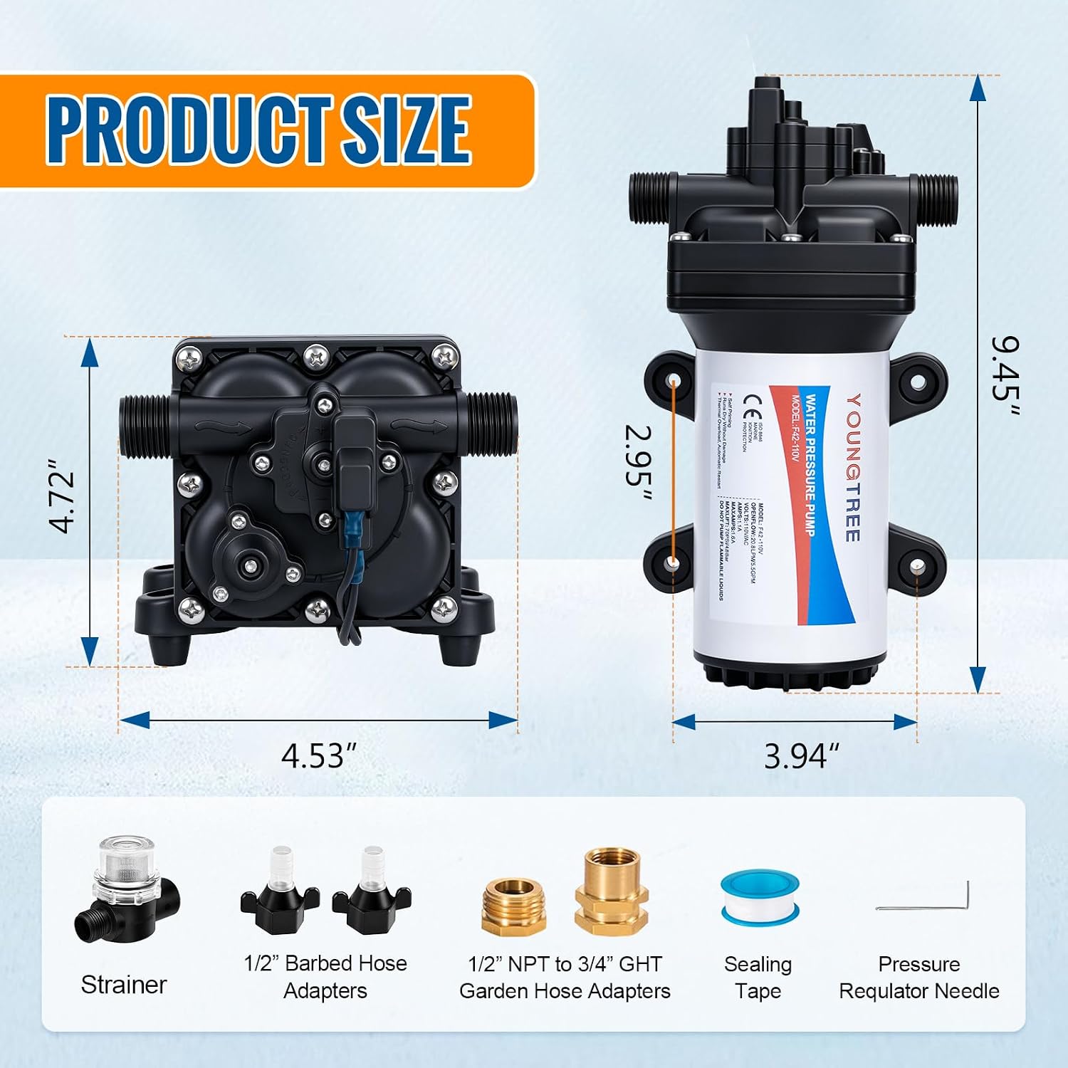 YOUNGTREE 55-Series 110V AC Fresh Water Diaphragm Pump 7GPM 70PSI 110volt 5-Chamber Water Pressure Washdown Pump On Demand with Pressure Switch for Irrigating, Home, Sprinkler, RV, Marine