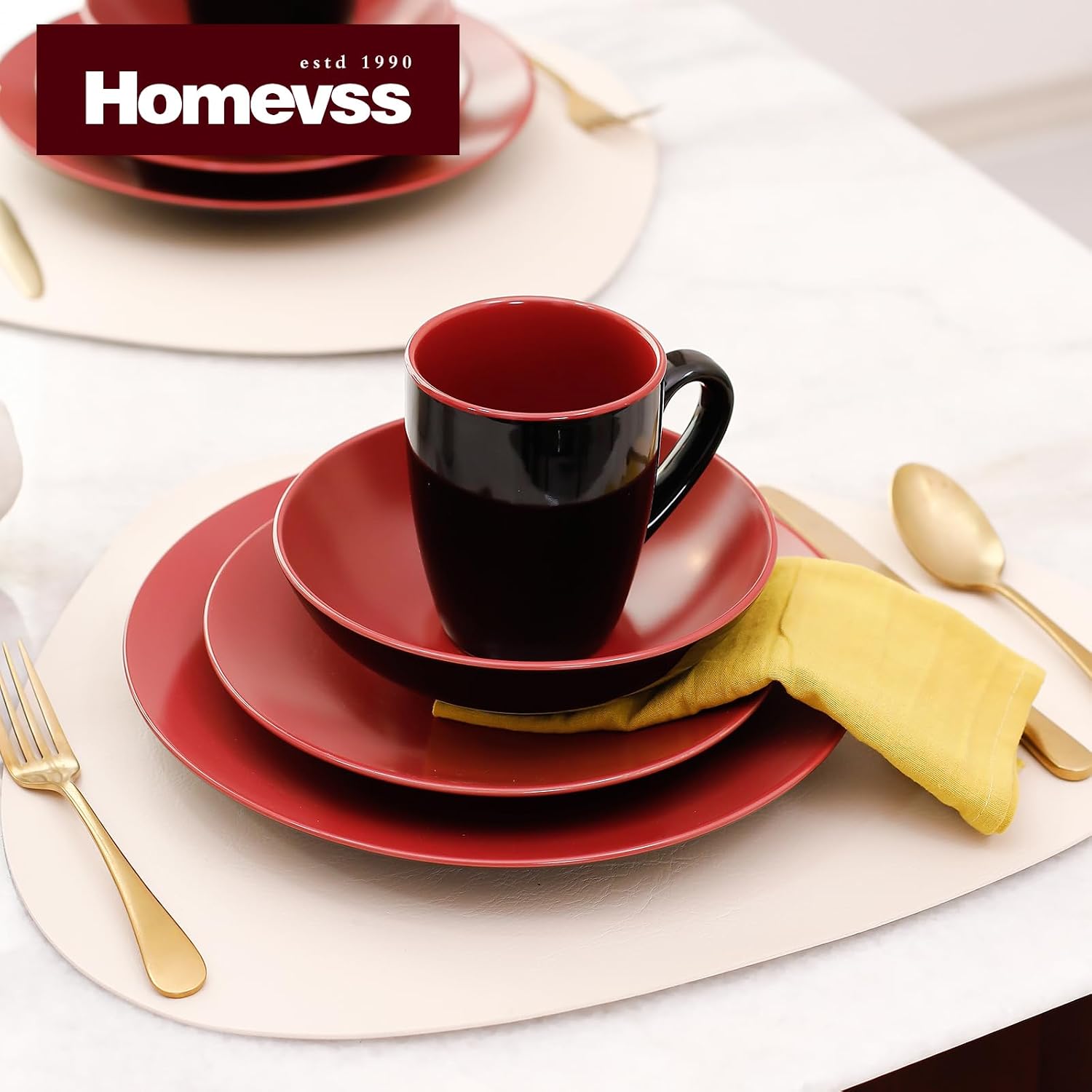 Stoneware Two-Tone Colors Life 16pc Dinner Set，Outside Shiny Black + Inside Matte Glaze Olive