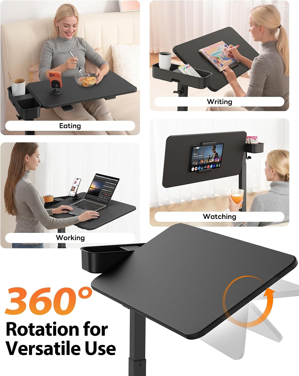 SAIJI Magnetic Height and 360° Angle Adjustable Overbed Bedside Table Tray | Lengthened Over Bed Desk with Wheels