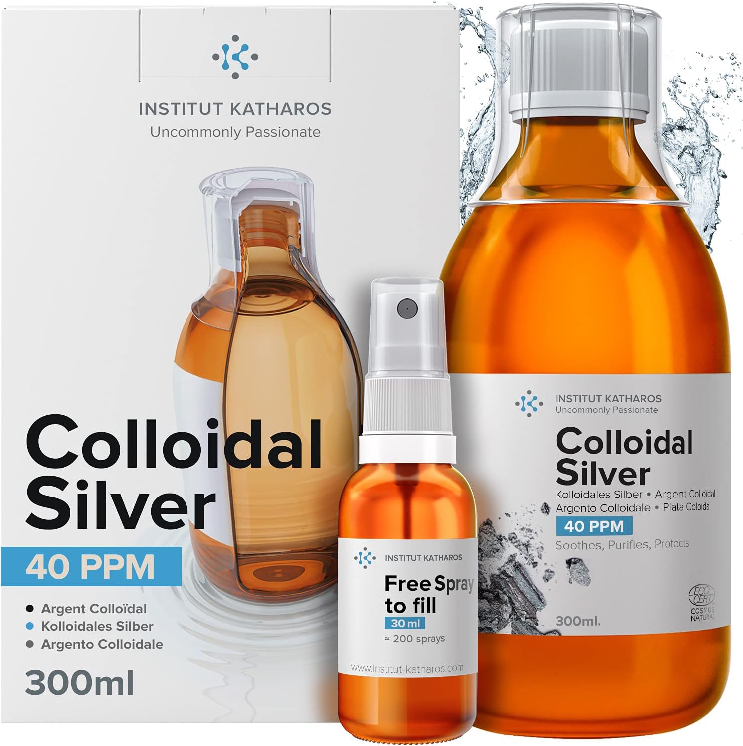Colloidal Silver Liquid 10 fl oz & Spray to Fill ● Bioactive Hydrosol Silver Water ● Natural Immune Support Nano Sol Supplement Solution ● Ionic Minerals 40 PPM ● Organic Structured Plata Coloidal